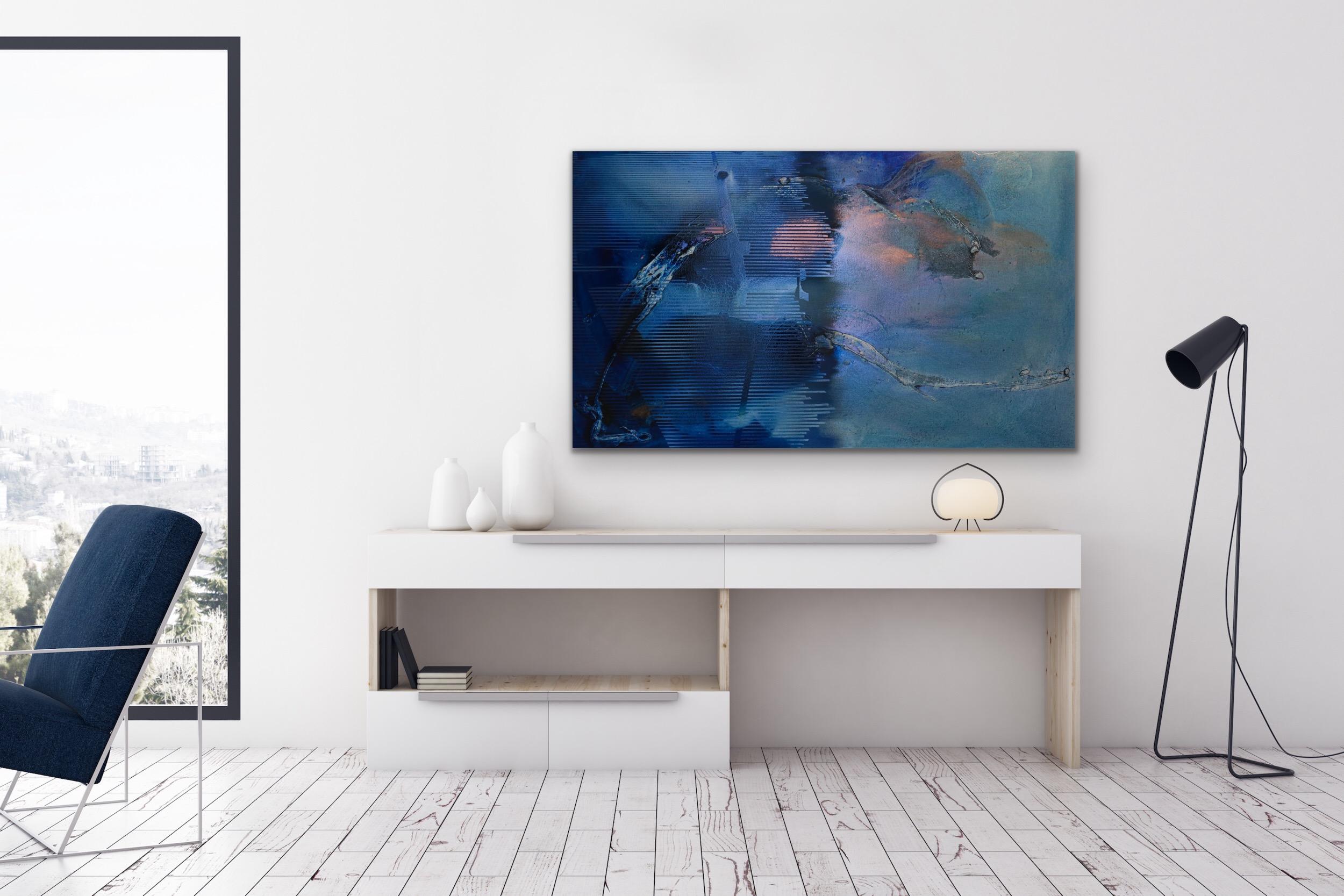 At Sea Between Fossils and Satellites 10 (blue texture coastal organic navy sea) - Blue Abstract Painting by Melisa Taylor Metzger