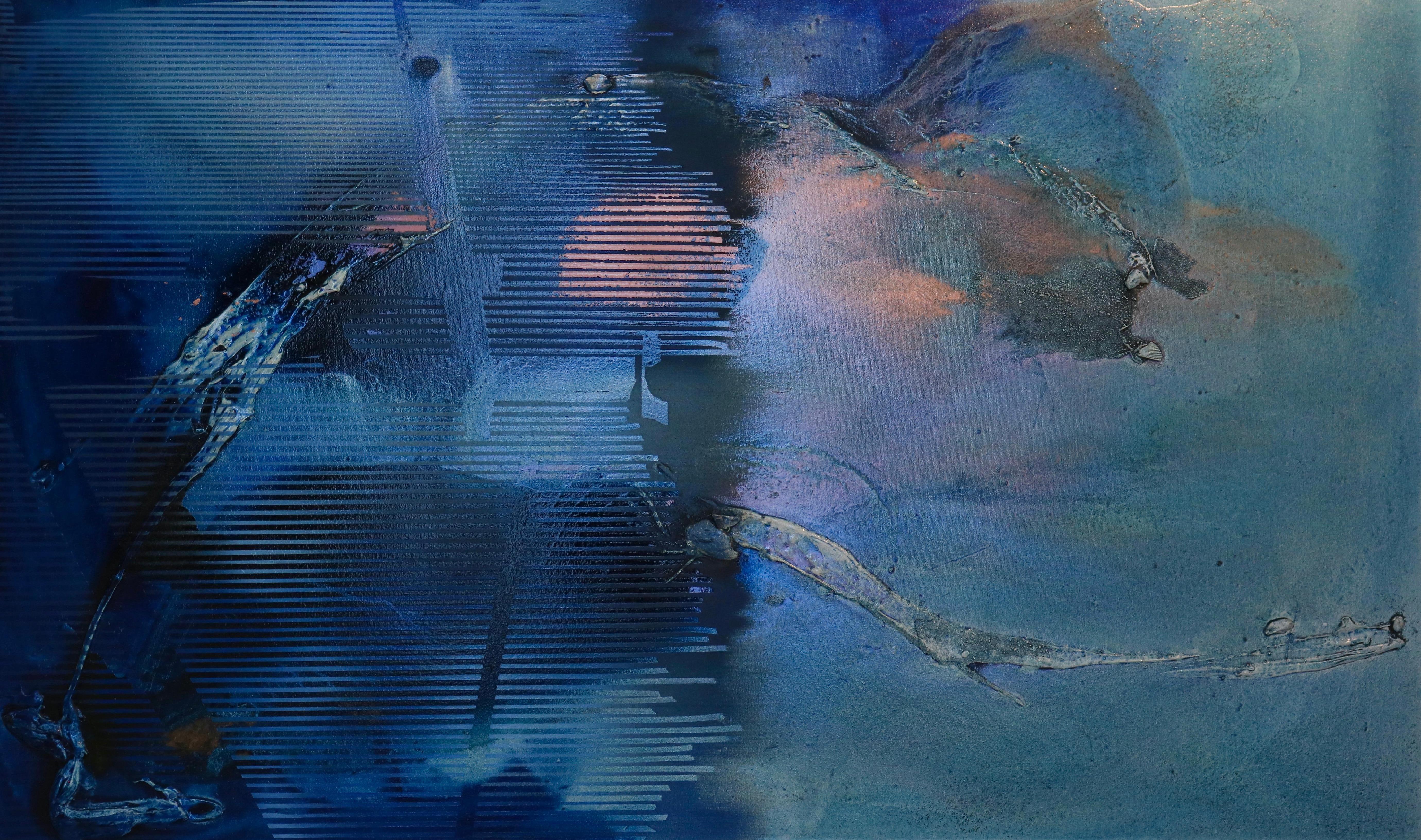 Melisa Taylor Metzger Abstract Painting - At Sea Between Fossils and Satellites 10 (blue texture coastal organic navy sea)