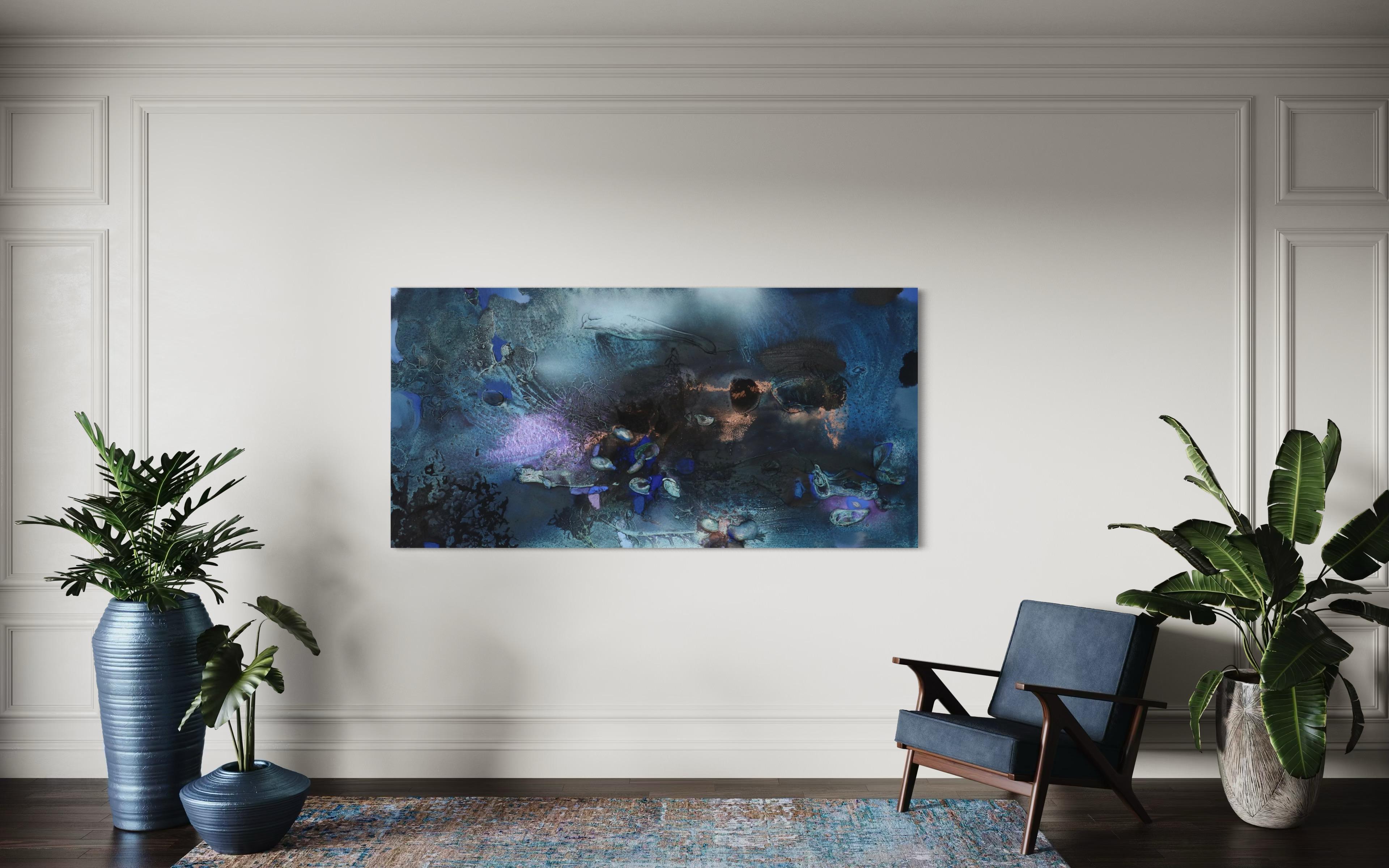 At Sea Between Fossils and Satellites 11 (horizontal) is a richly textured, mixed-media painting from Melisa Taylor Metzger’s decade-long series At Sea Between Fossils and Satellites (2015–2025). This horizontal composition evokes an oceanic