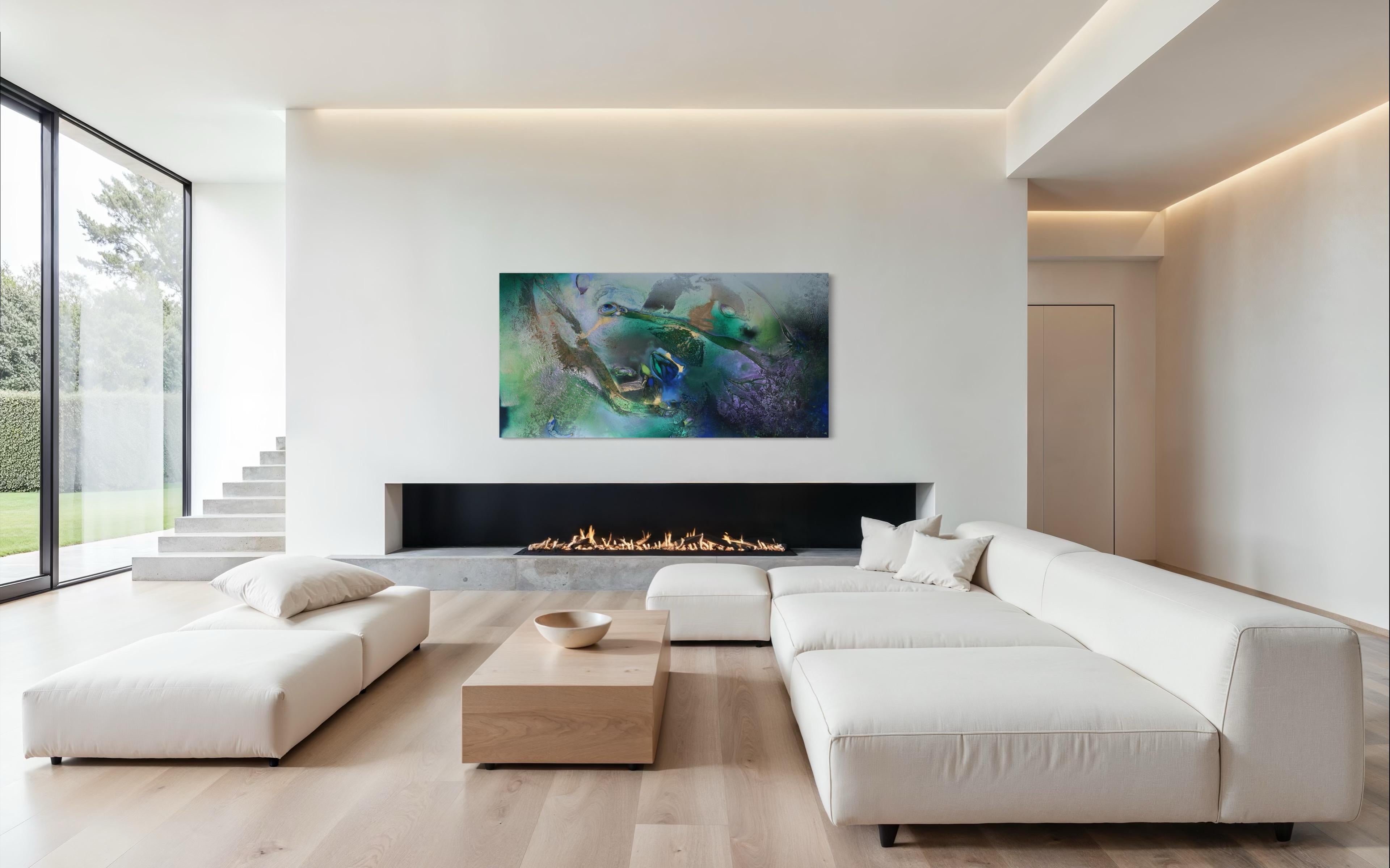 At Sea Between Fossils and Satellites 12 (horizontal) is a luminous, mixed-media painting by Melisa Taylor Metzger from her decade-long series At Sea Between Fossils and Satellites (2015–2025). Rich in texture and saturated color, the piece unfolds