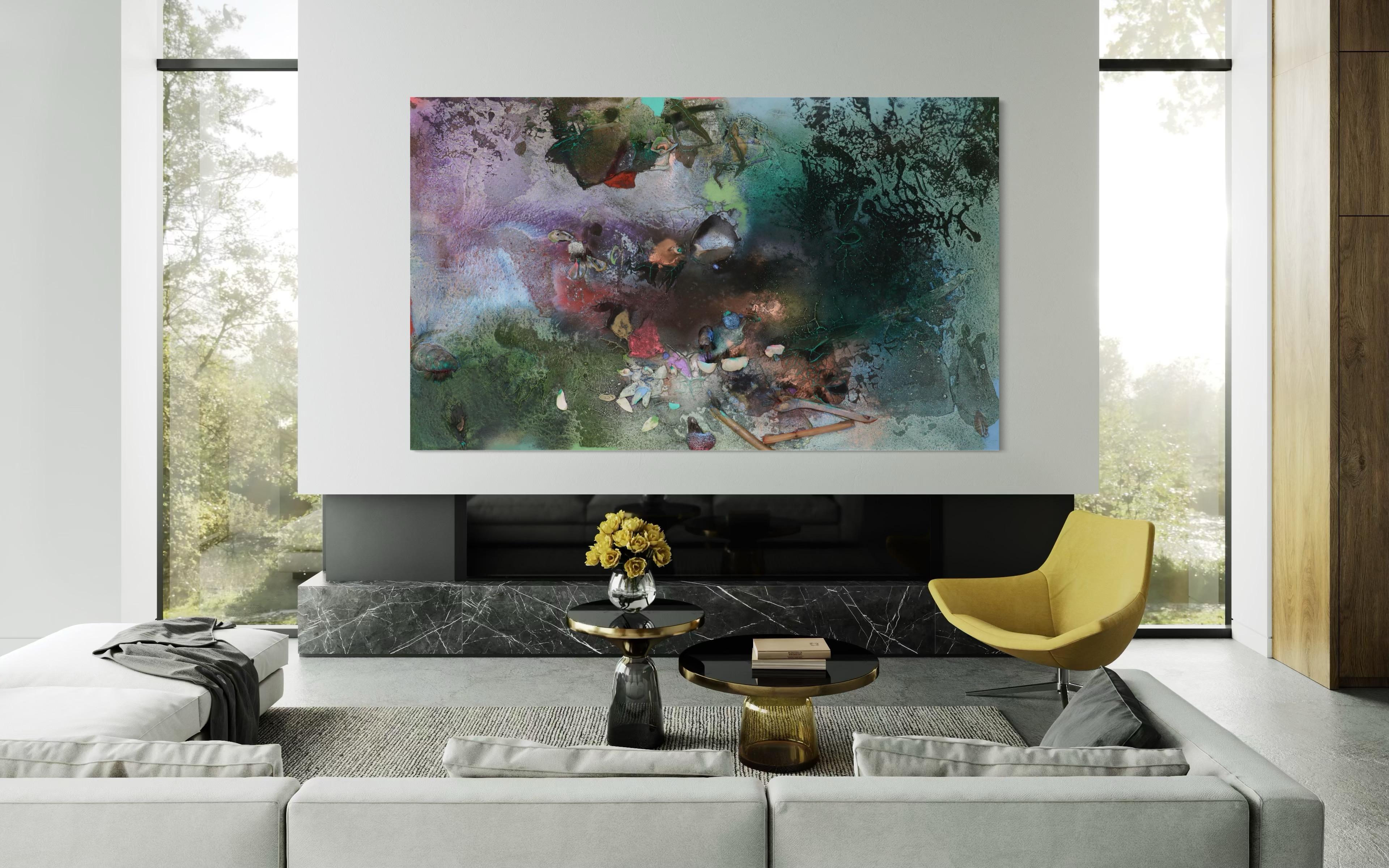At Sea Between Fossils and Satellites 13 (horizontal) is a vivid mixed-media painting by Melisa Taylor Metzger from her long-term series At Sea Between Fossils and Satellites (2015–2025). This horizontal composition unfolds like a sedimentary dream,