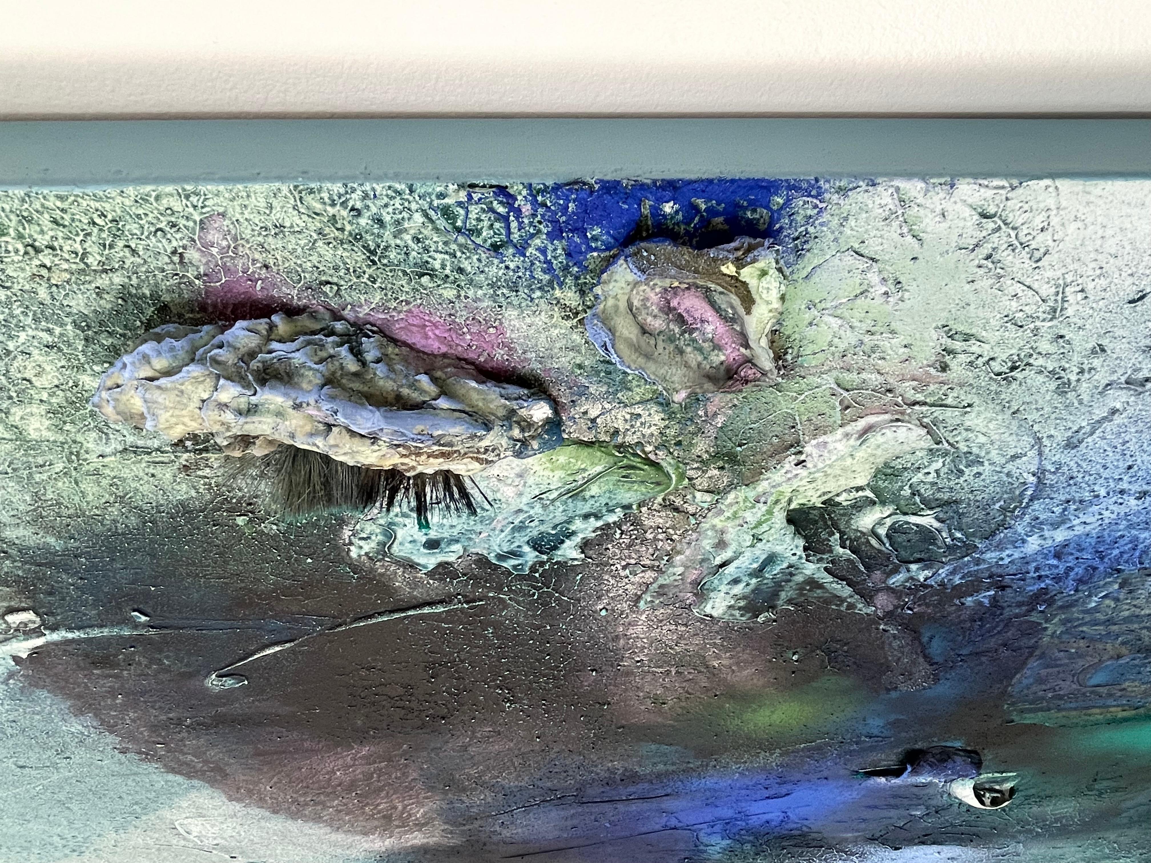 At Sea Between Fossils and Satellites 14 is a luminous, mixed-media painting by Melisa Taylor Metzger from her decade-long series At Sea Between Fossils and Satellites (2015–2025). Rich in organic texture, the piece unfolds in a flow of emerald