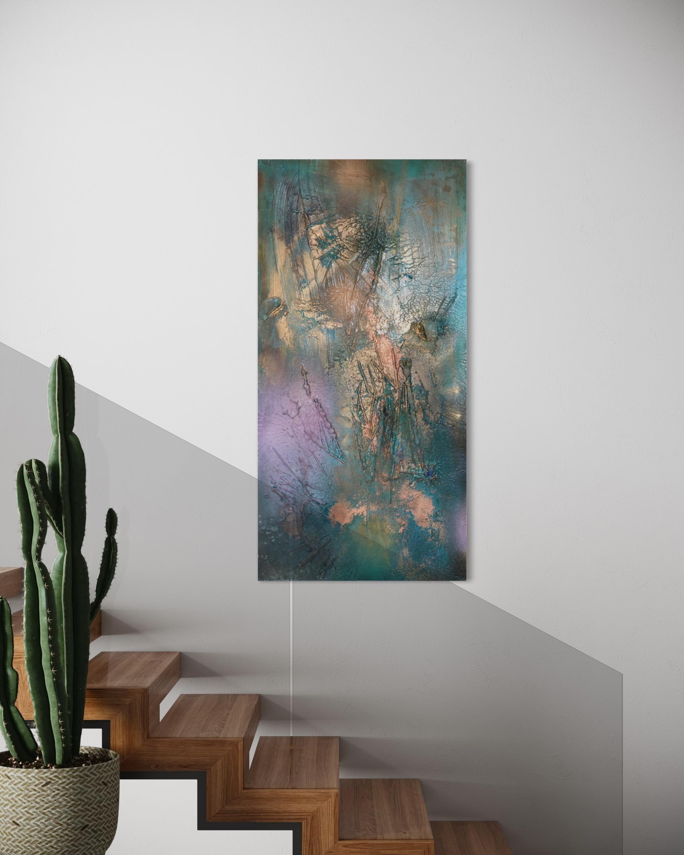 At Sea Between Fossils and Satellites 16 (texture, organico, biofilico, verde acqua) - Painting Astratto di Melisa Taylor Metzger