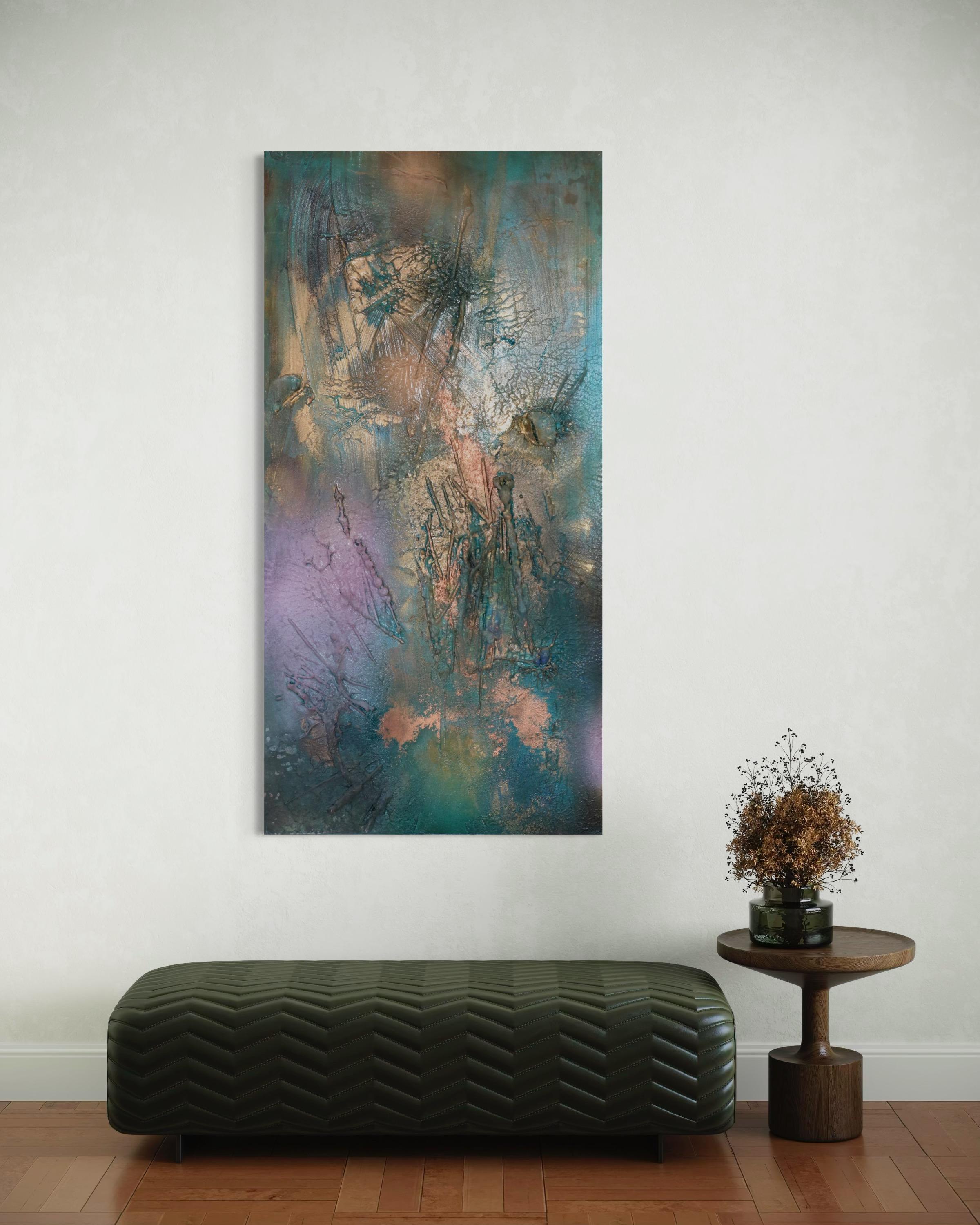 At Sea Between Fossils and Satellites 16 (texture, organico, biofilico, verde acqua) - Abstract Painting Grigio di Melisa Taylor Metzger