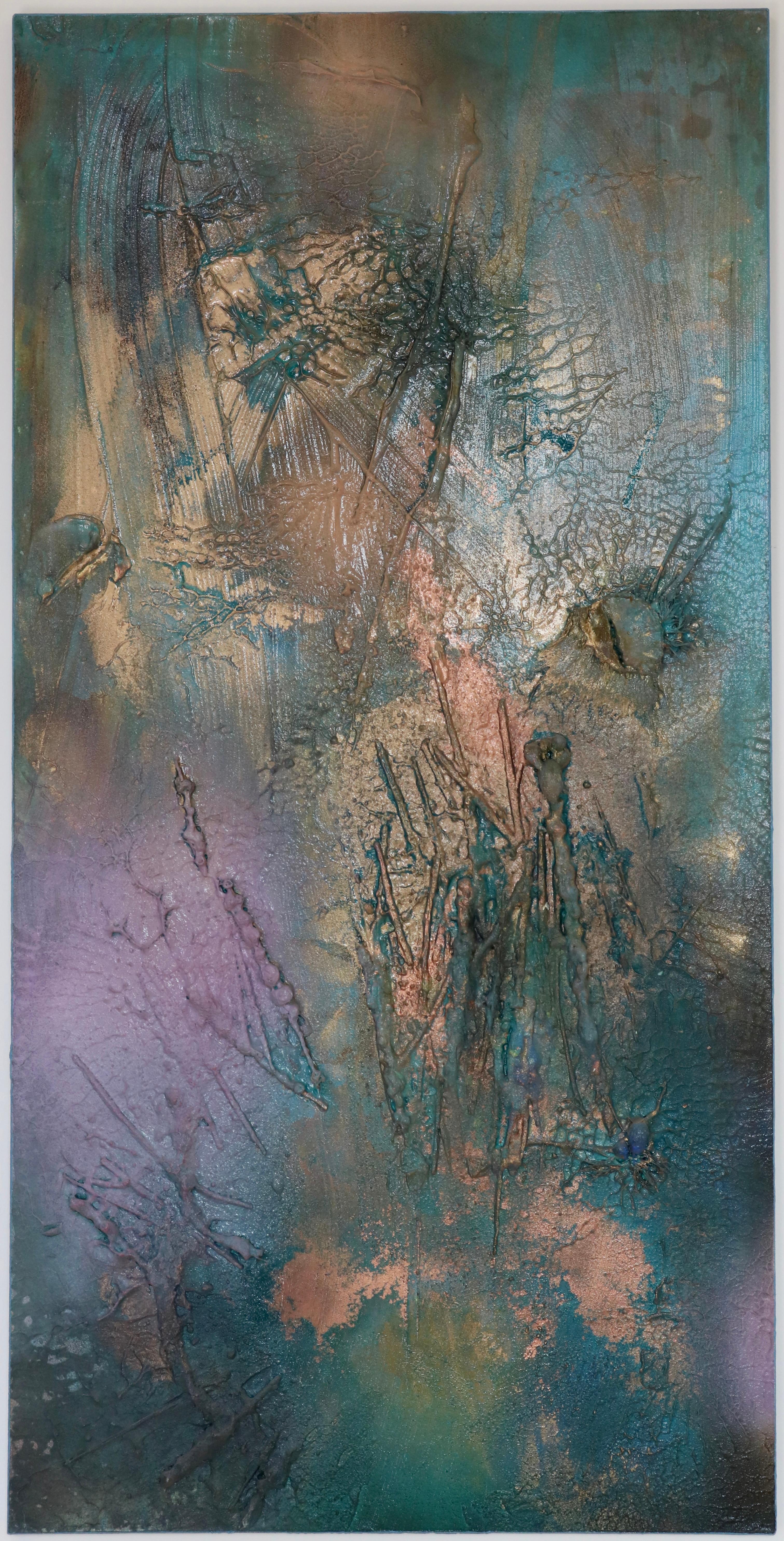 Abstract Painting di Melisa Taylor Metzger - At Sea Between Fossils and Satellites 16 (texture, organico, biofilico, verde acqua)