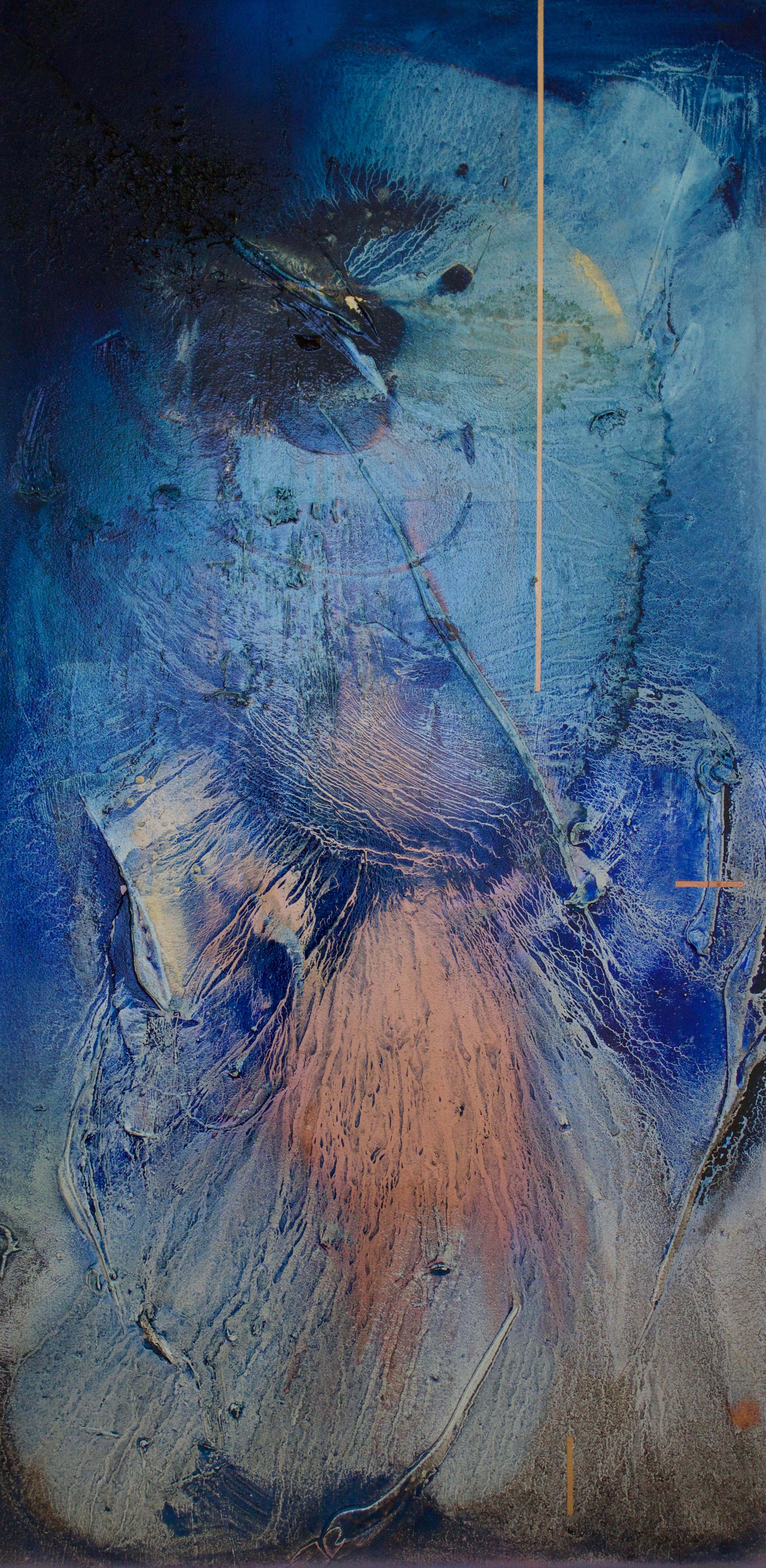 Melisa Taylor Metzger Abstract Painting - At sea between fossils and satellites 7 (blue organic copper abstract texture)