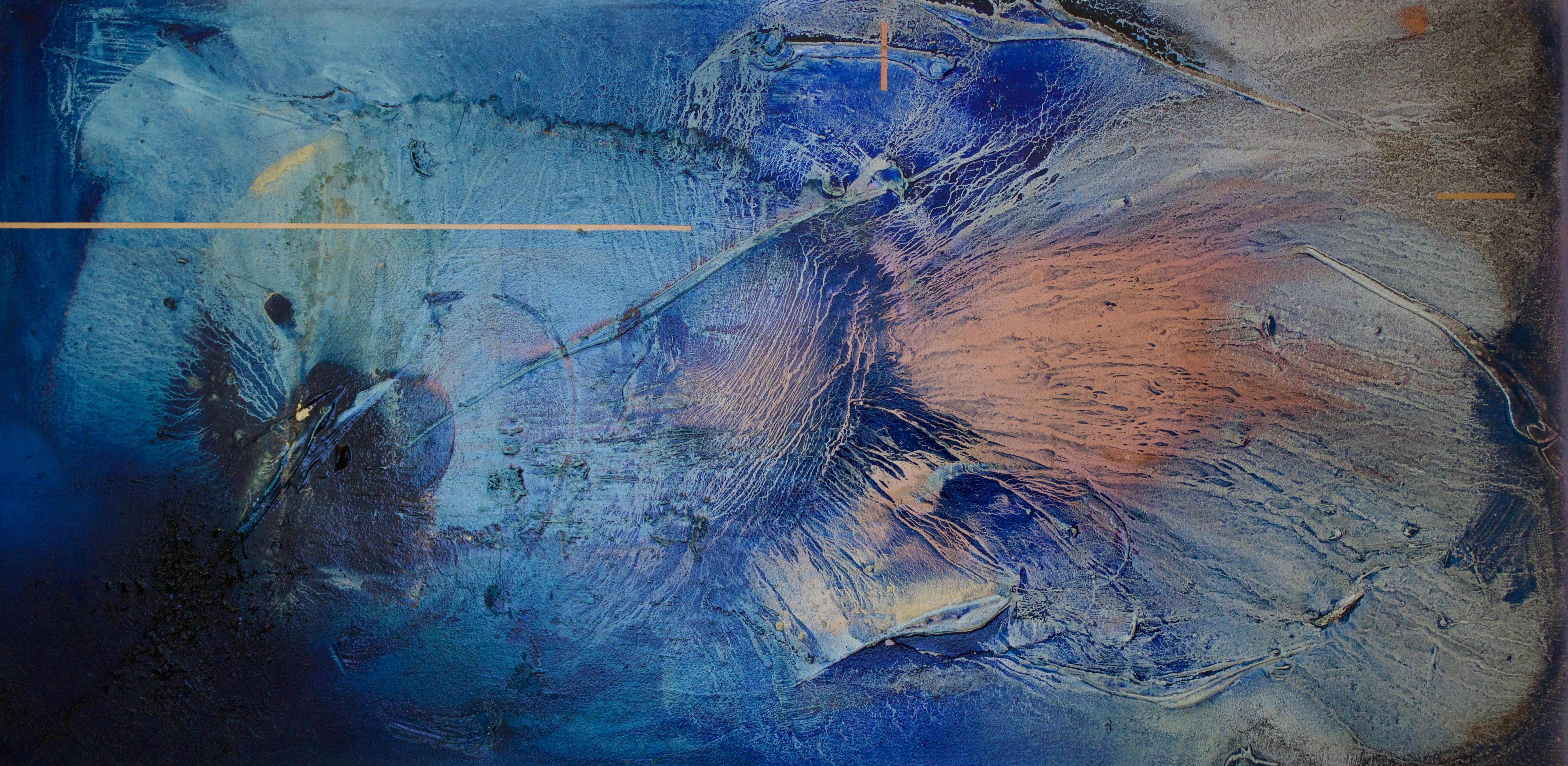 Melisa Taylor Metzger Abstract Painting - At sea between fossils and satellites 7 (blue organic copper abstract texture)