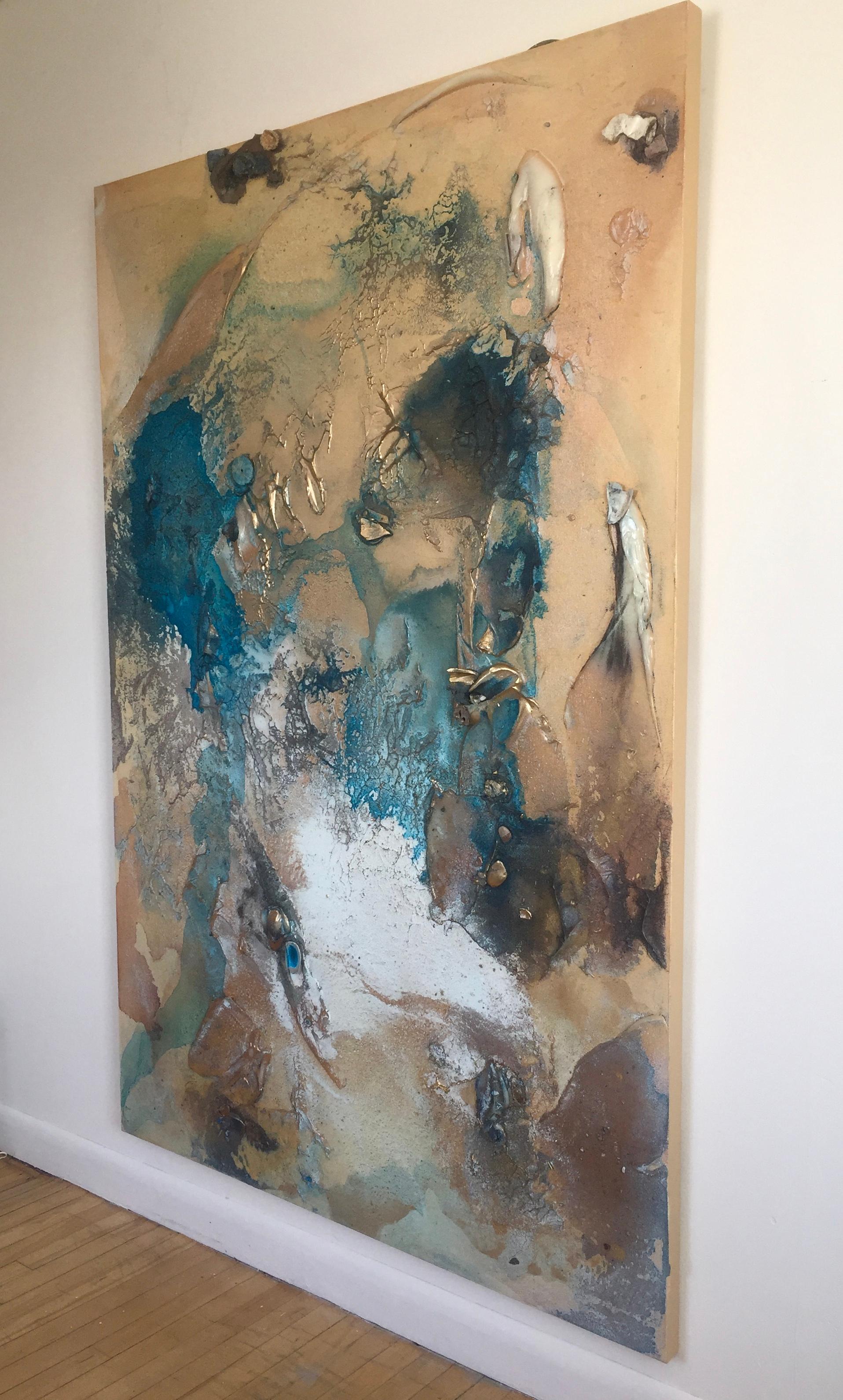 At Sea Between Fossils and Satellites I1 - Gold Abstract Painting by Melisa Taylor Metzger