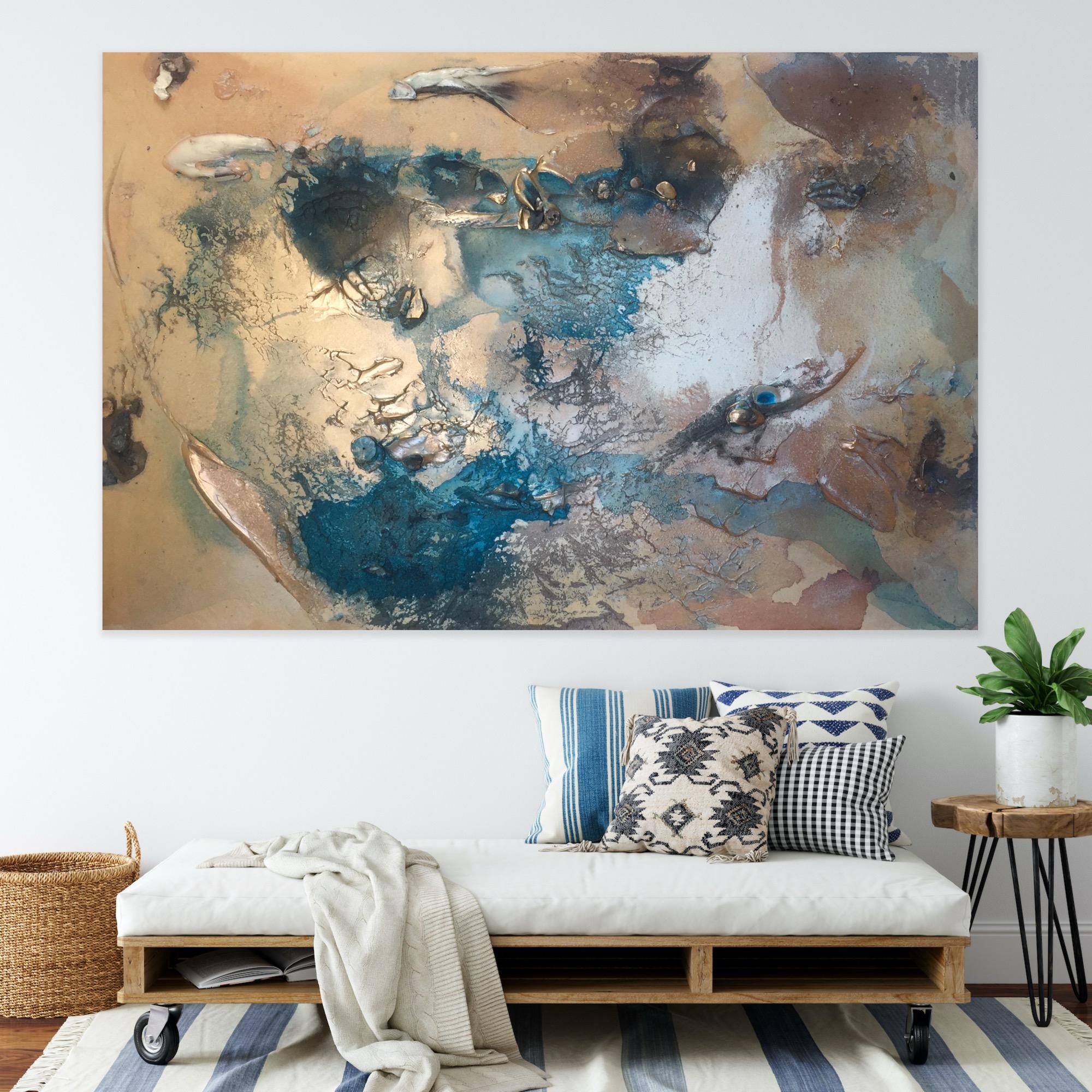 At Sea Between Fossils and Satellites I1 - Gold Abstract Painting by Melisa Taylor Metzger