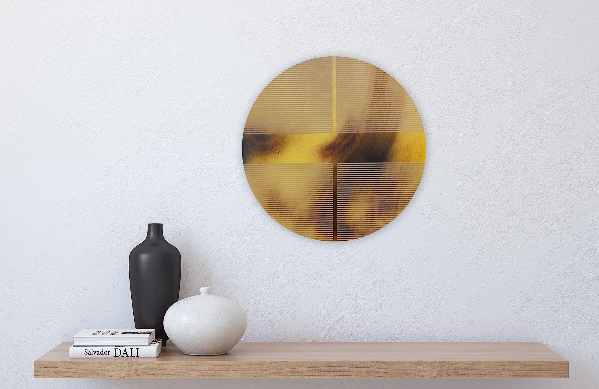 Banana skin yellow pill (minimaliste grid round painting on wood dopamine) For Sale 2