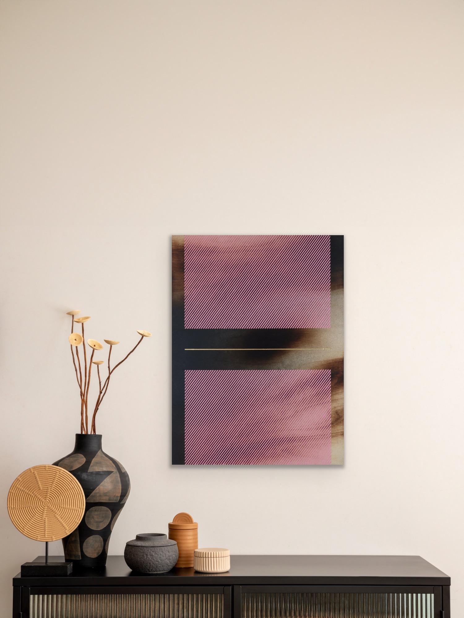 Bombón rosa Mångata (pintura cuadriculada madera mínima borde duro dopamina vibrante) - Abstract Painting Marrón de Melisa Taylor Metzger