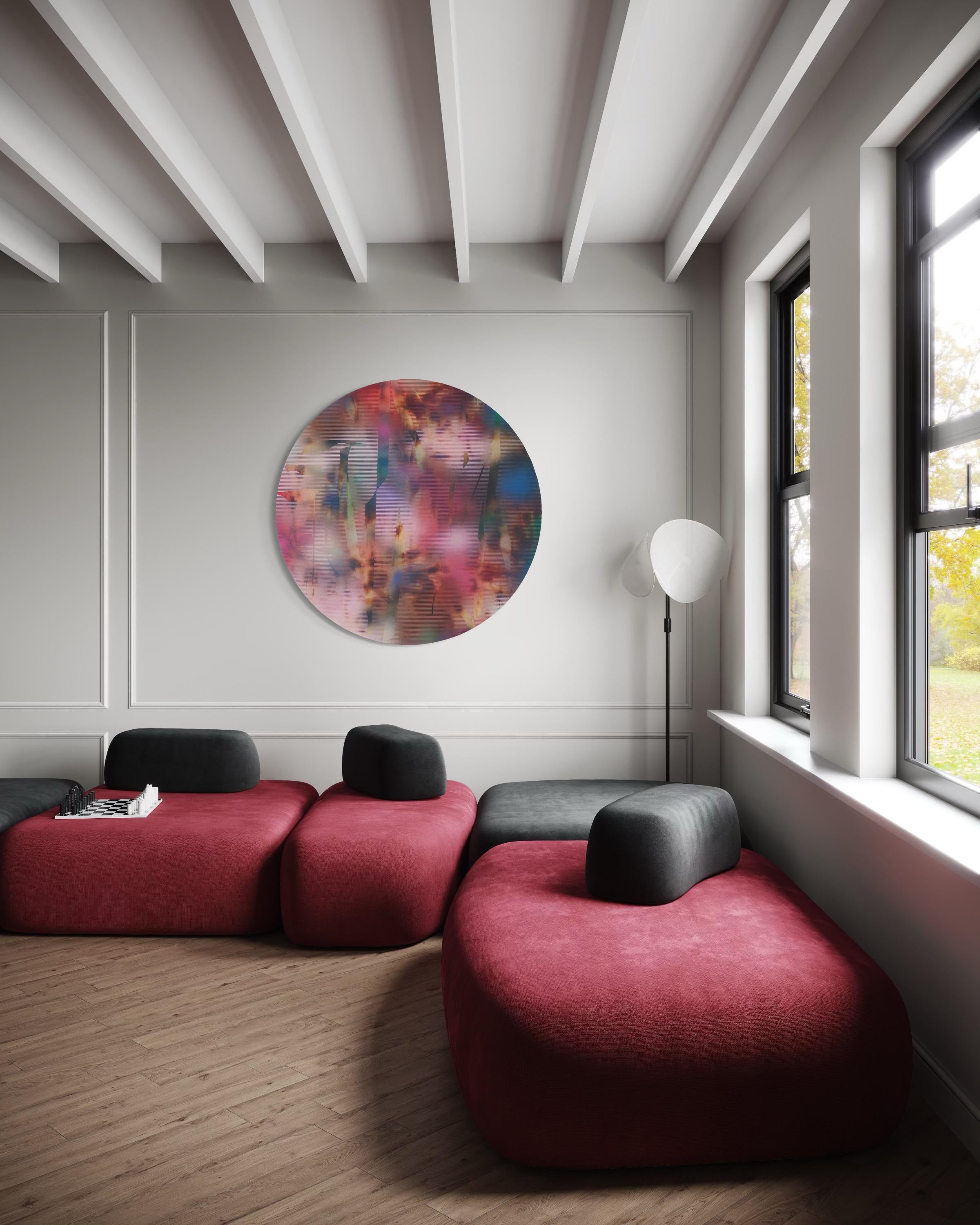 Cascadia 1 (grid painting abstract wood round circular panel contemporary art) For Sale 2