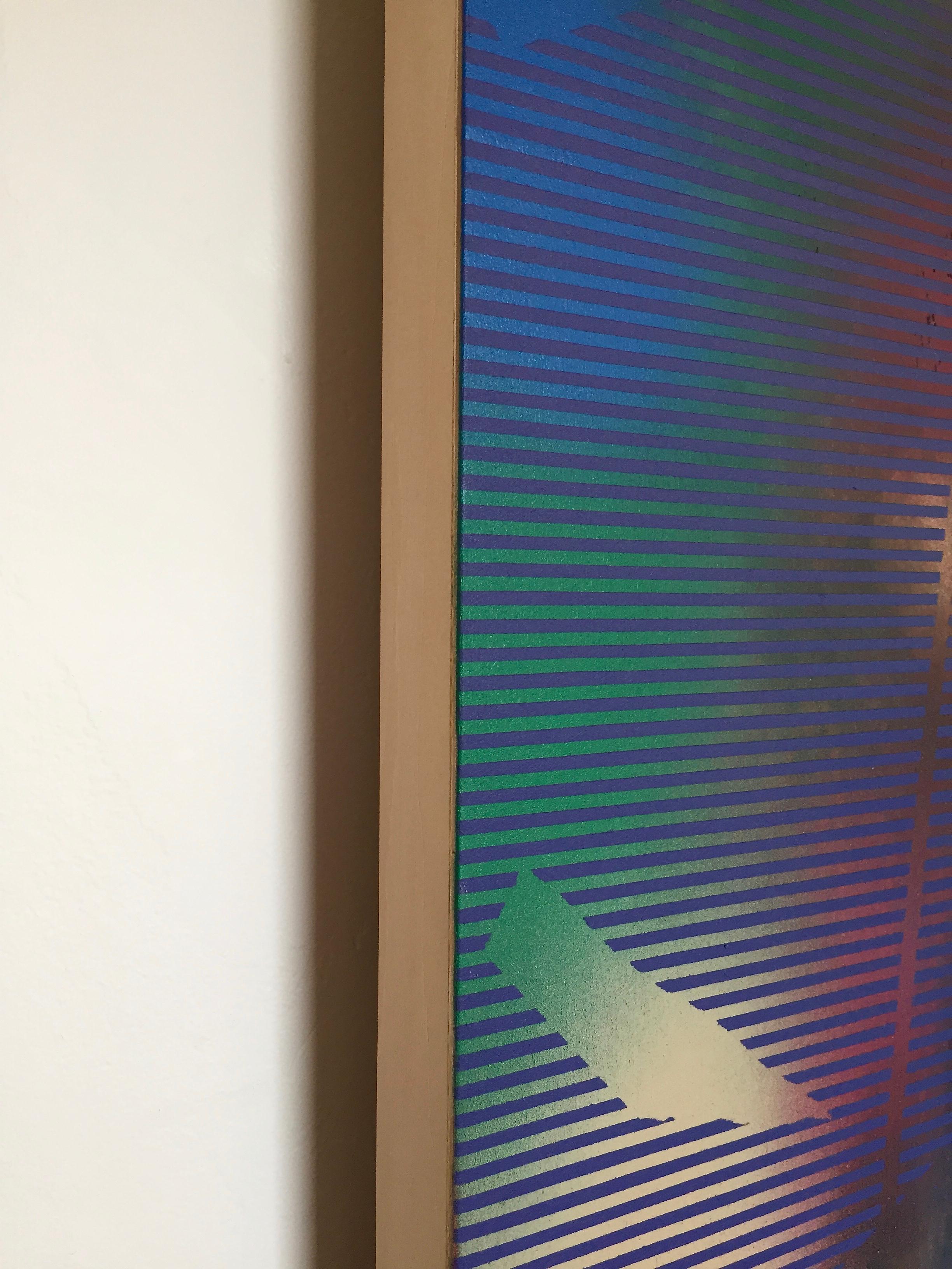 Cascadia 4 (grid-Gemälde abstraktes Holz zeitgenössische leuchtende Farben optische Kunst) (Op-Art), Painting, von Melisa Taylor Metzger