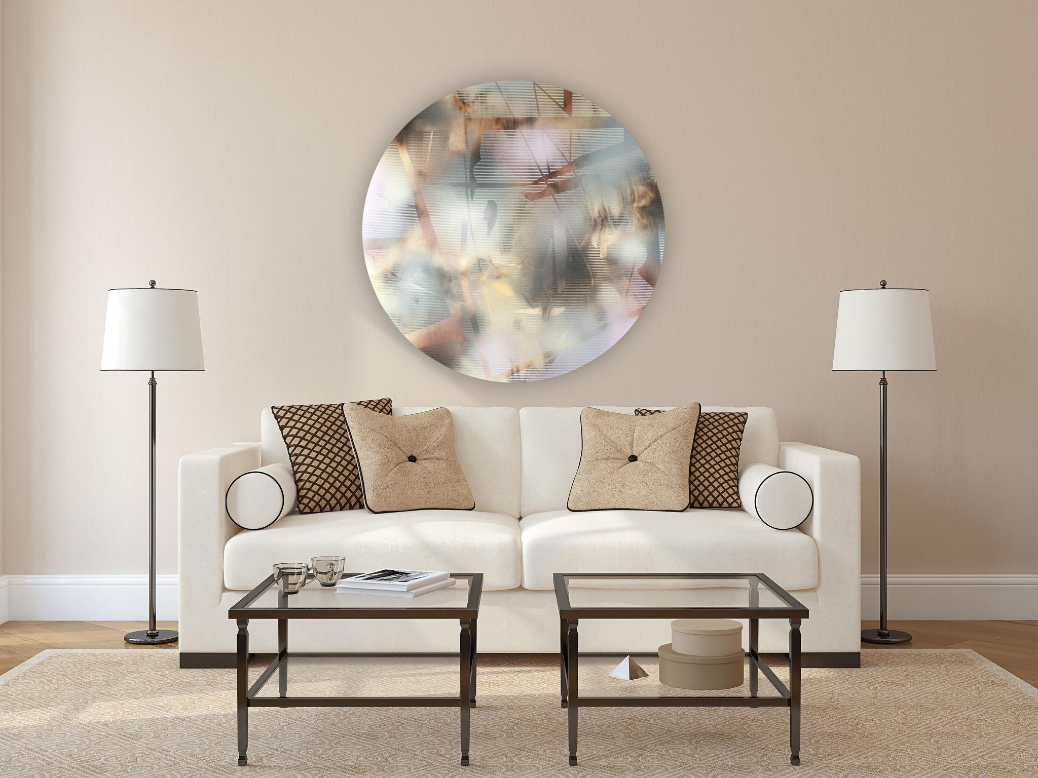 Cascadia 5 tondo (round circular panel neutrals wood contemporary grid painting) For Sale 10