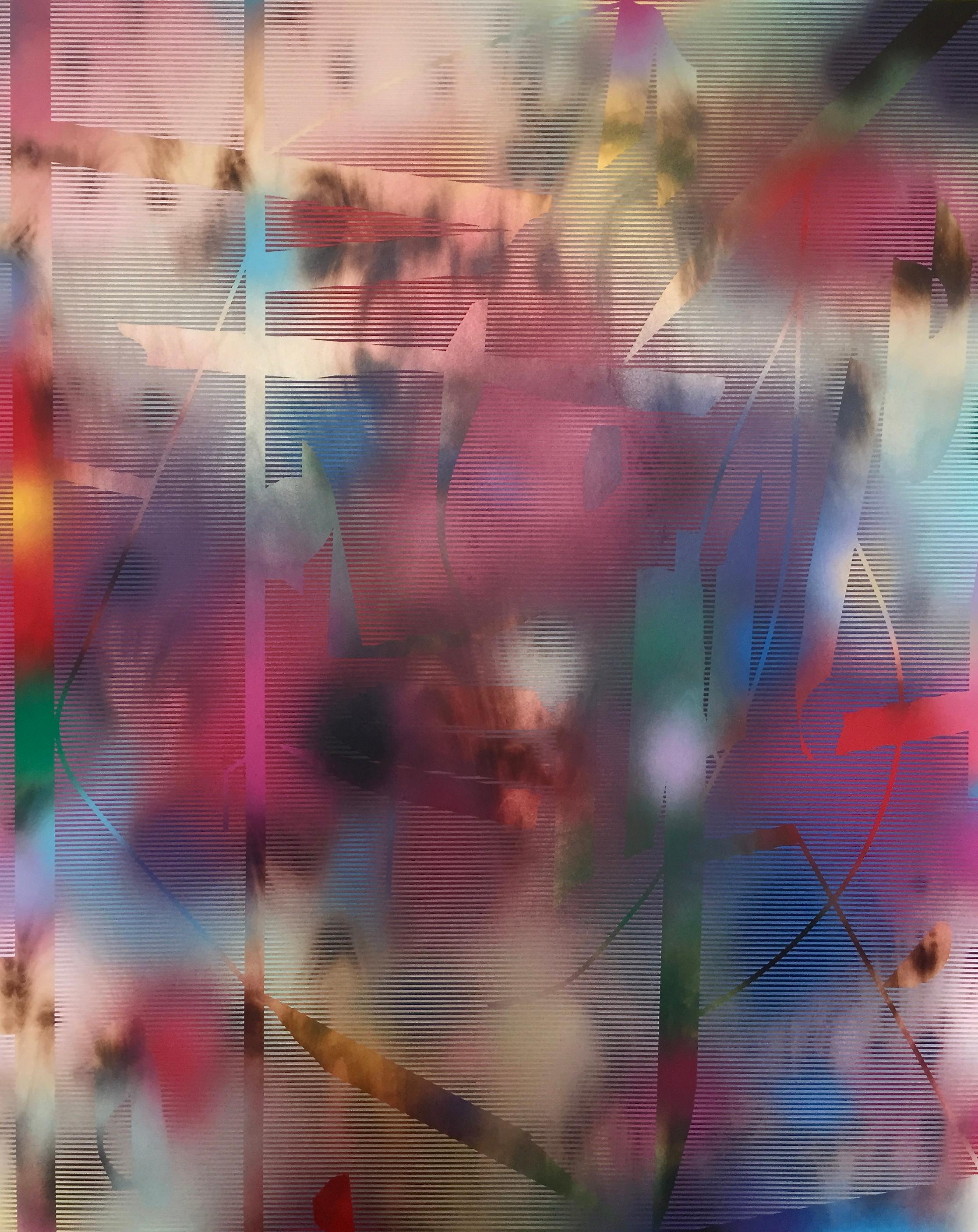 Abstract Painting Melisa Taylor Metzger - Cascadia 6 (peinture à grille en bois abstrait aux couleurs vives, art optique contemporain)