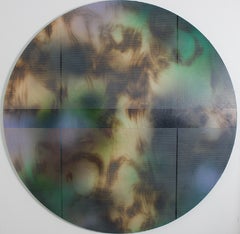 Cascadia 7 (tondo round green grid painting abstract wood contemporary art)