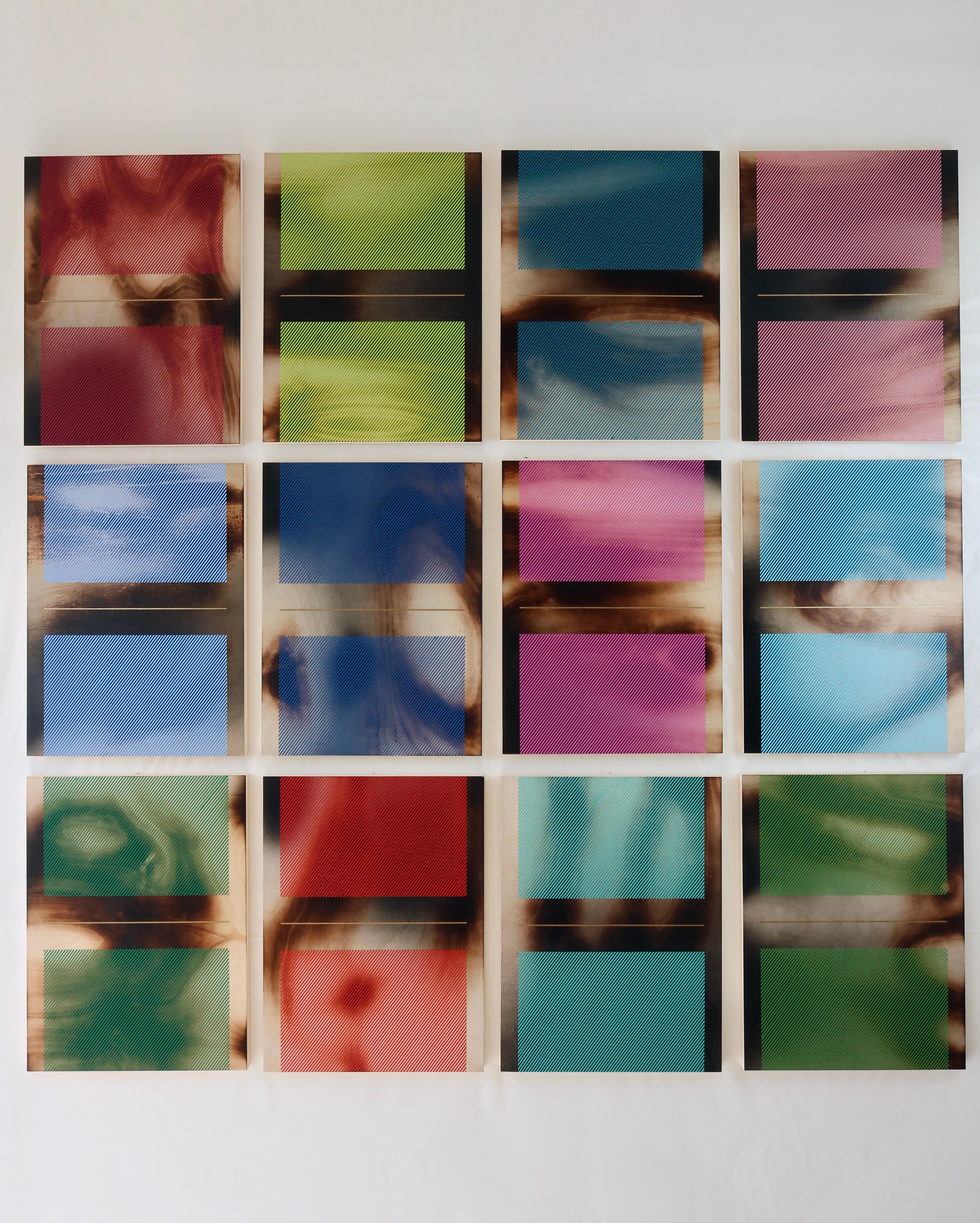 Mangata teal celeste (pintura cuadriculada madera mínima borde duro dopamina vibrante) - Painting de Melisa Taylor Metzger