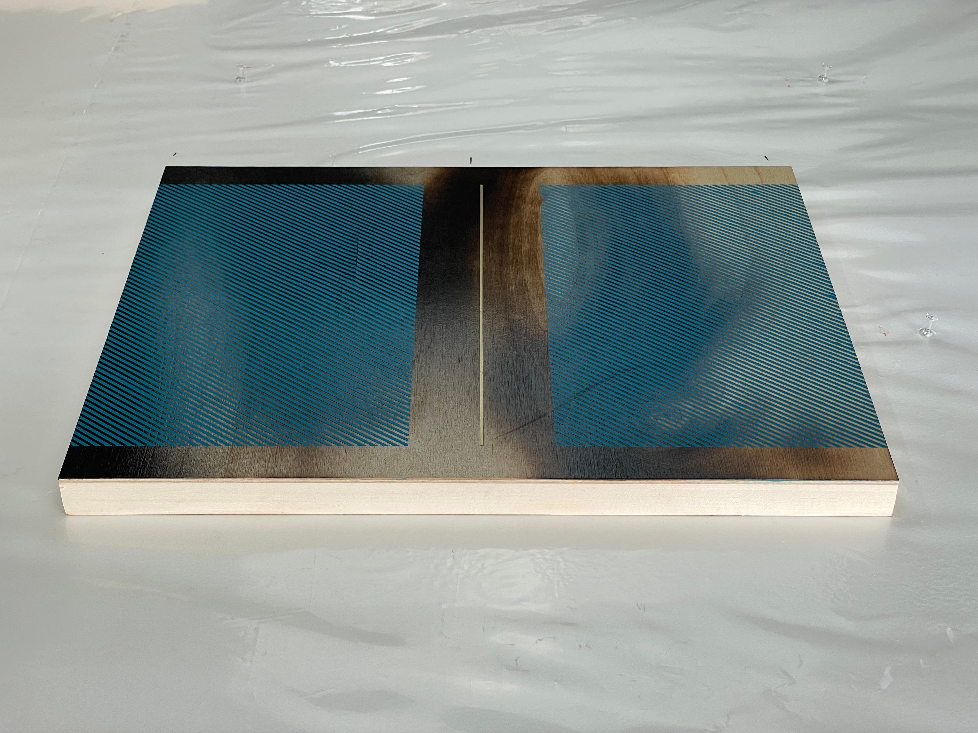 Mangata teal celeste (pintura cuadriculada madera mínima borde duro dopamina vibrante) - Painting Minimalista de Melisa Taylor Metzger