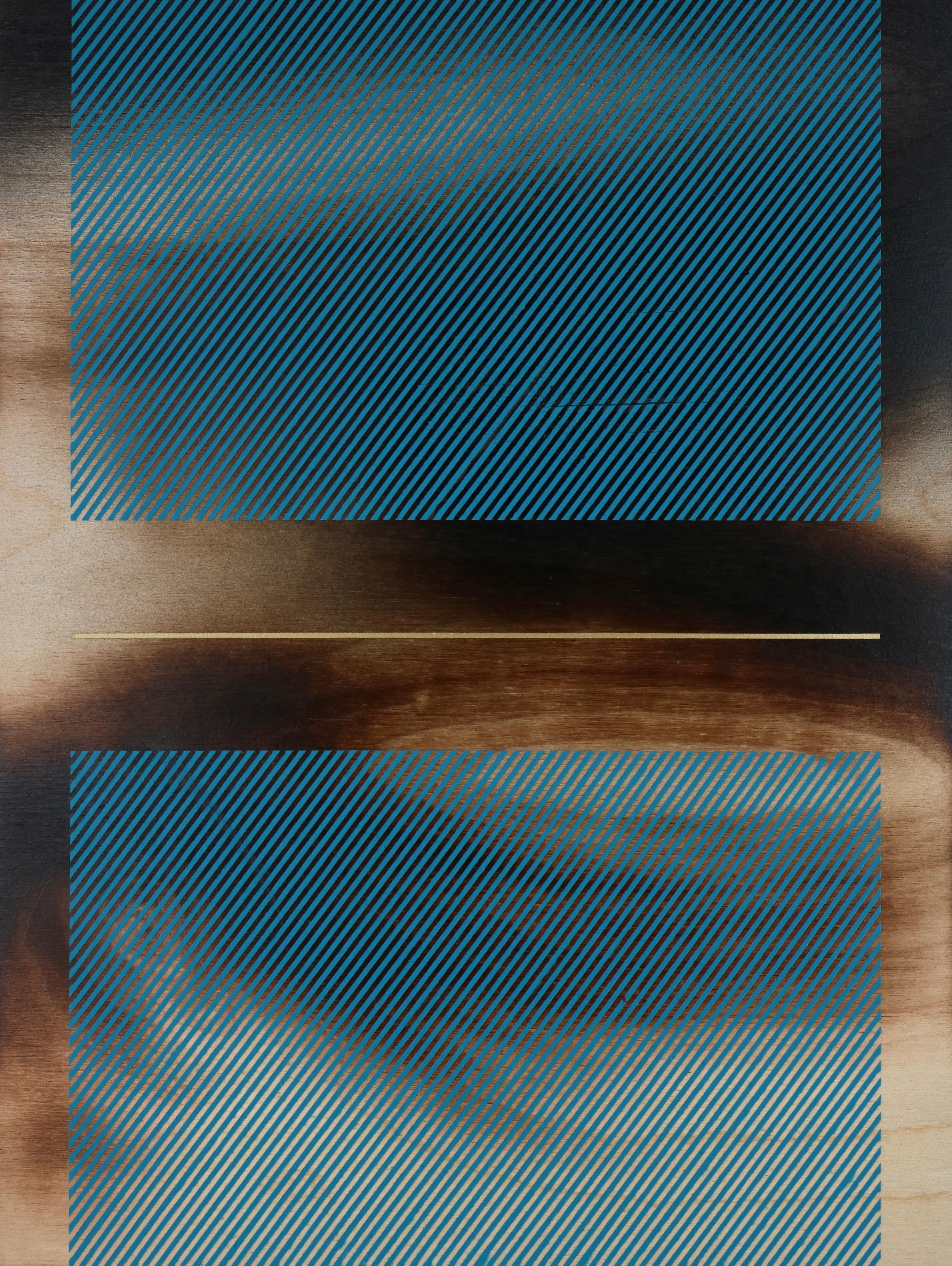 Abstract Painting de Melisa Taylor Metzger - Mangata teal celeste (pintura cuadriculada madera mínima borde duro dopamina vibrante)