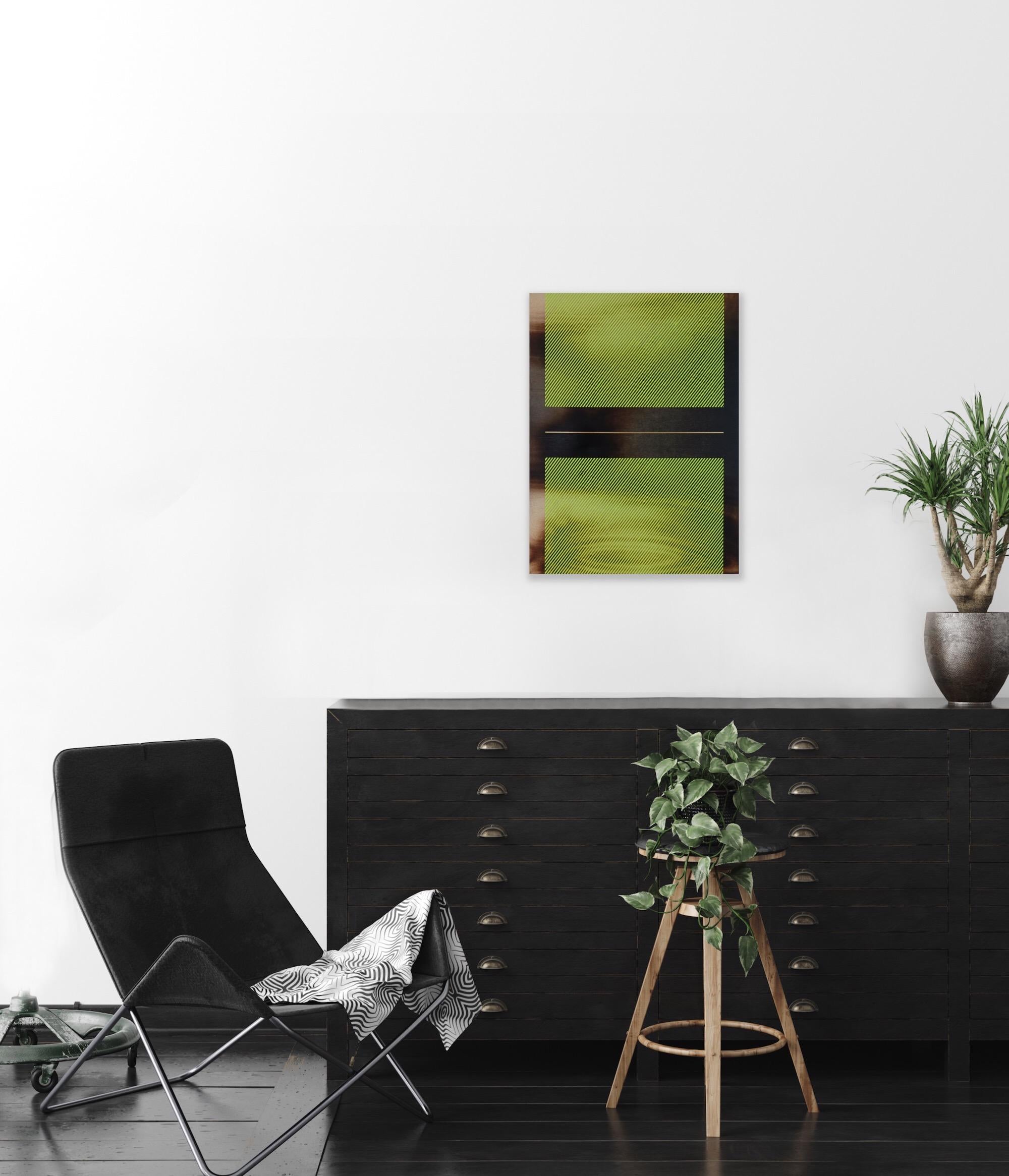 Giallo chartreuse Mångata (pittura a griglia minimal wood hard-edge dopamina vibrante) - Abstract Painting Verde di Melisa Taylor Metzger