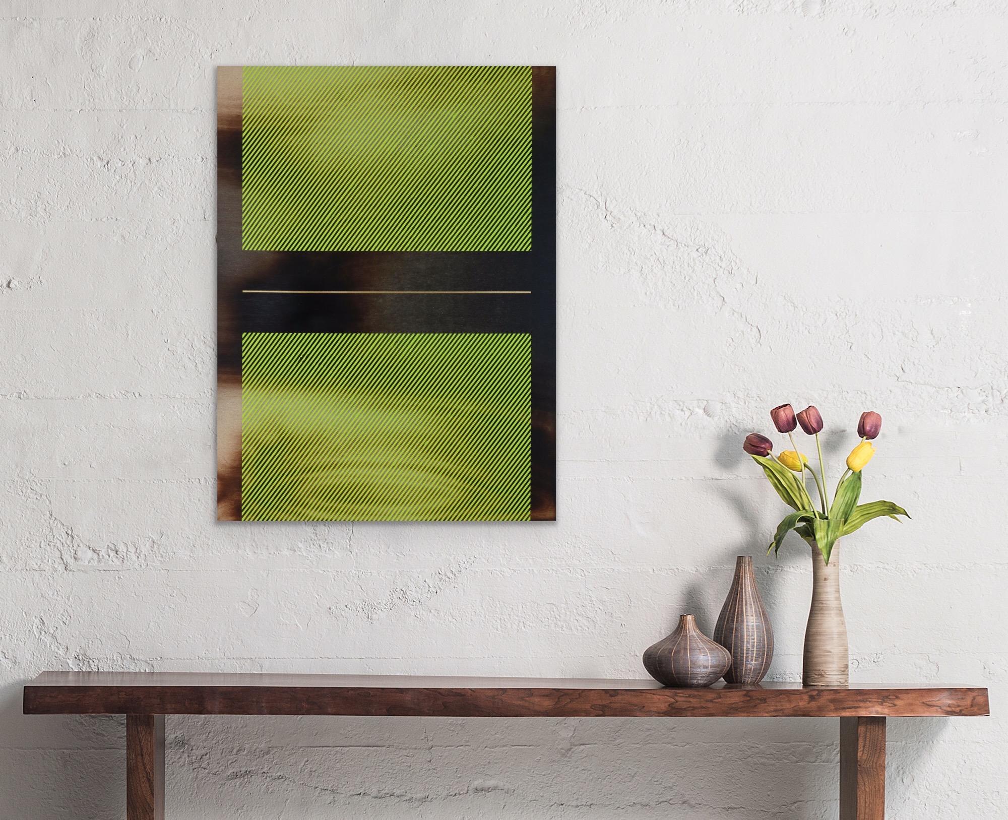 Giallo chartreuse Mångata (pittura a griglia minimal wood hard-edge dopamina vibrante) in vendita 1