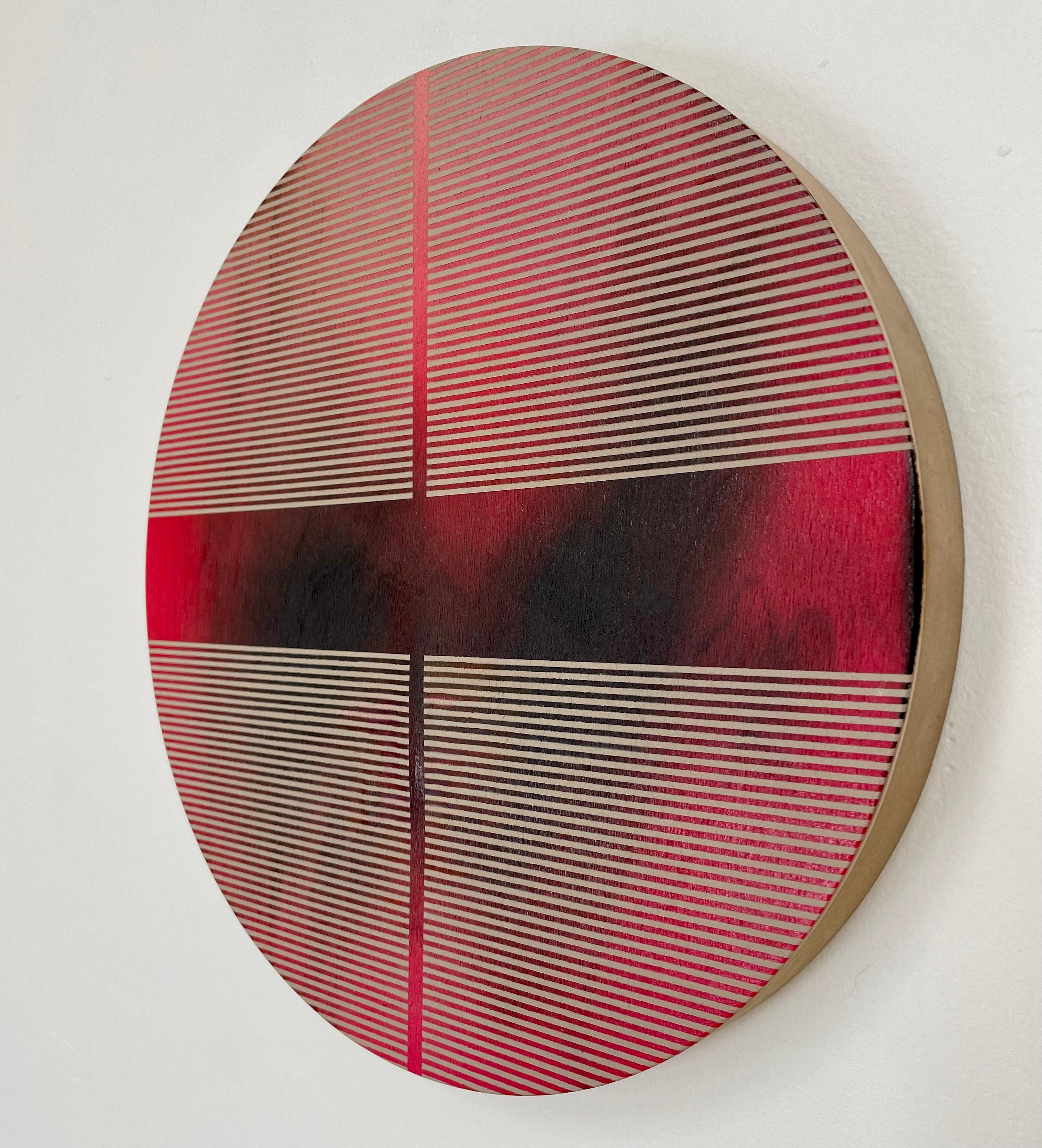 Cherry Coke Red pill (Minimalistisches Gitter runde Malerei auf Holz Dopamin Kunst) (Geometrische Abstraktion), Mixed Media Art, von Melisa Taylor Metzger