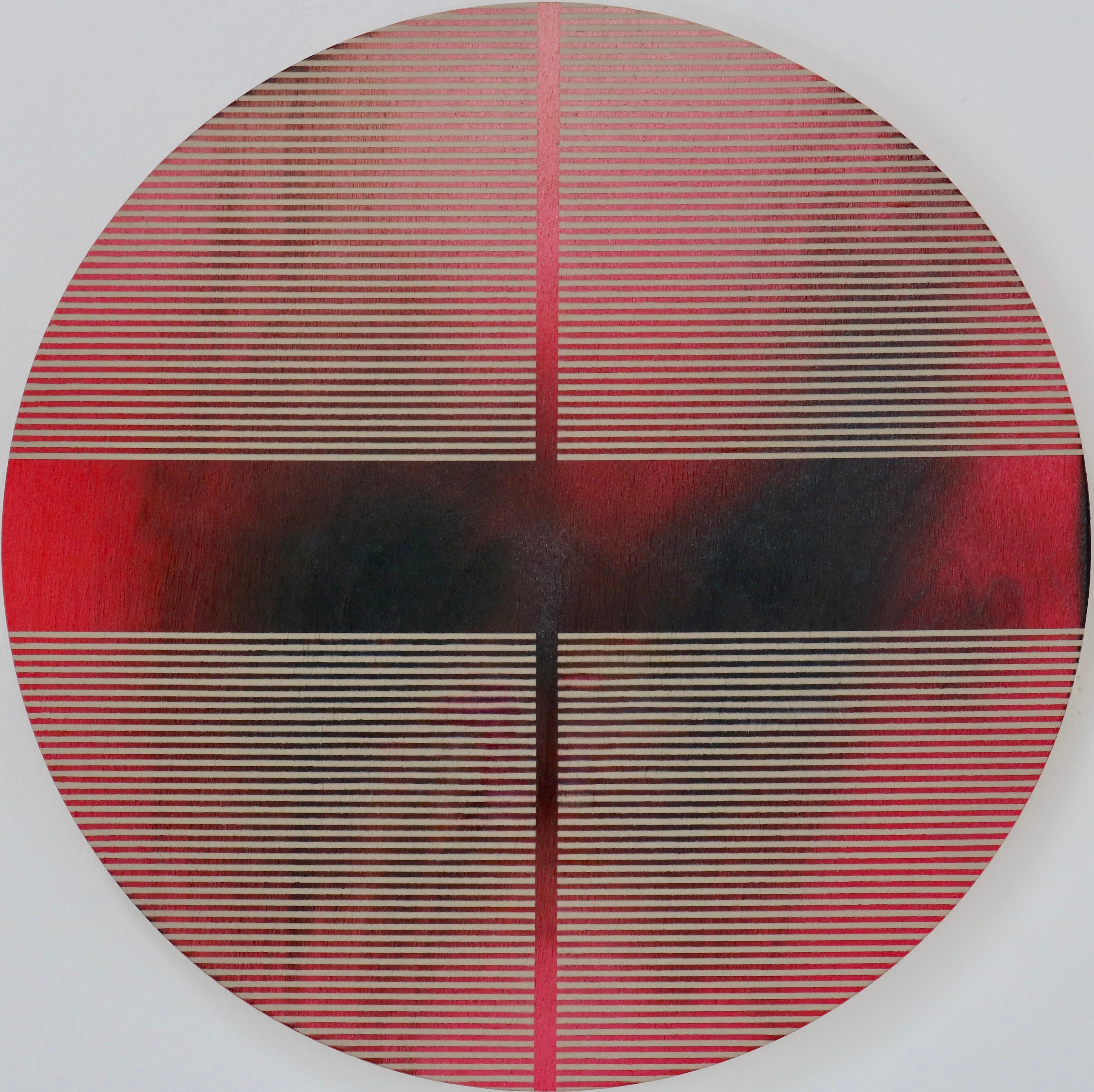 Cherry Coke Red pill (Minimalistisches Gitter runde Malerei auf Holz Dopamin Kunst) – Mixed Media Art von Melisa Taylor Metzger