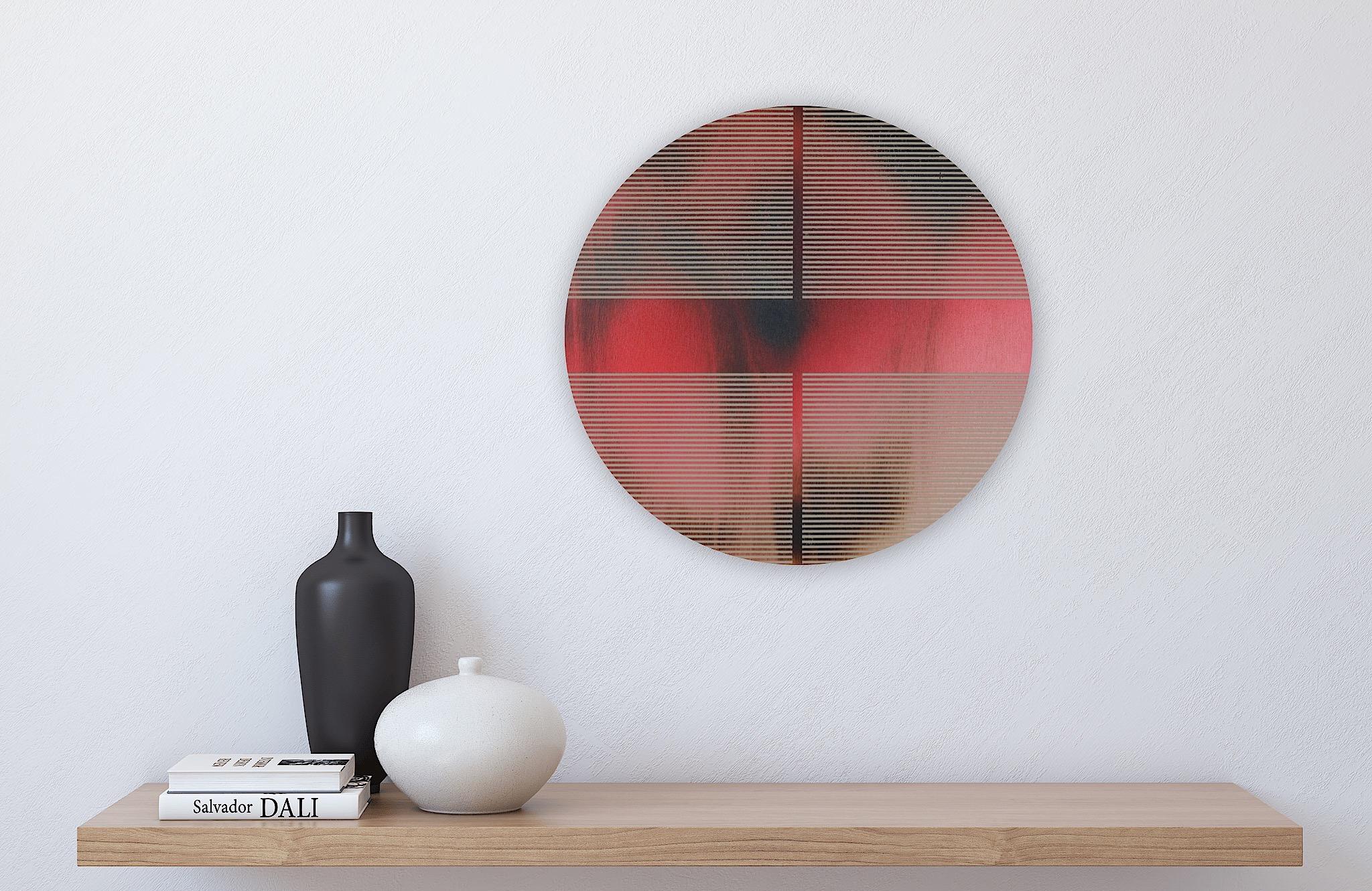 Crimson cardinal red pill (minimaliste grid round painting on wood dopamine art) For Sale 1
