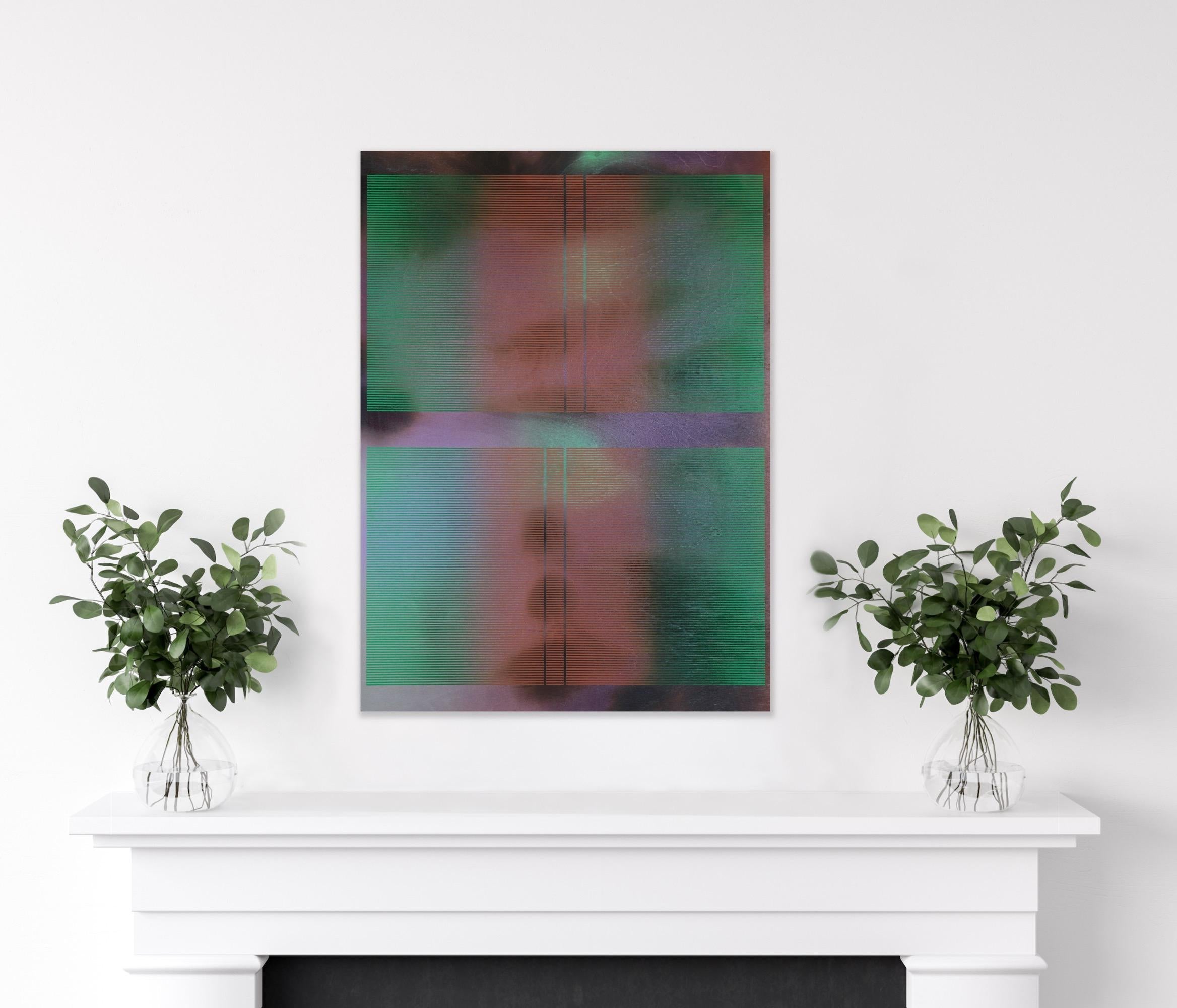 CSW 2024.1  (mystic spectrum emerald astro dust veil grid optical painting) - Painting by Melisa Taylor Metzger