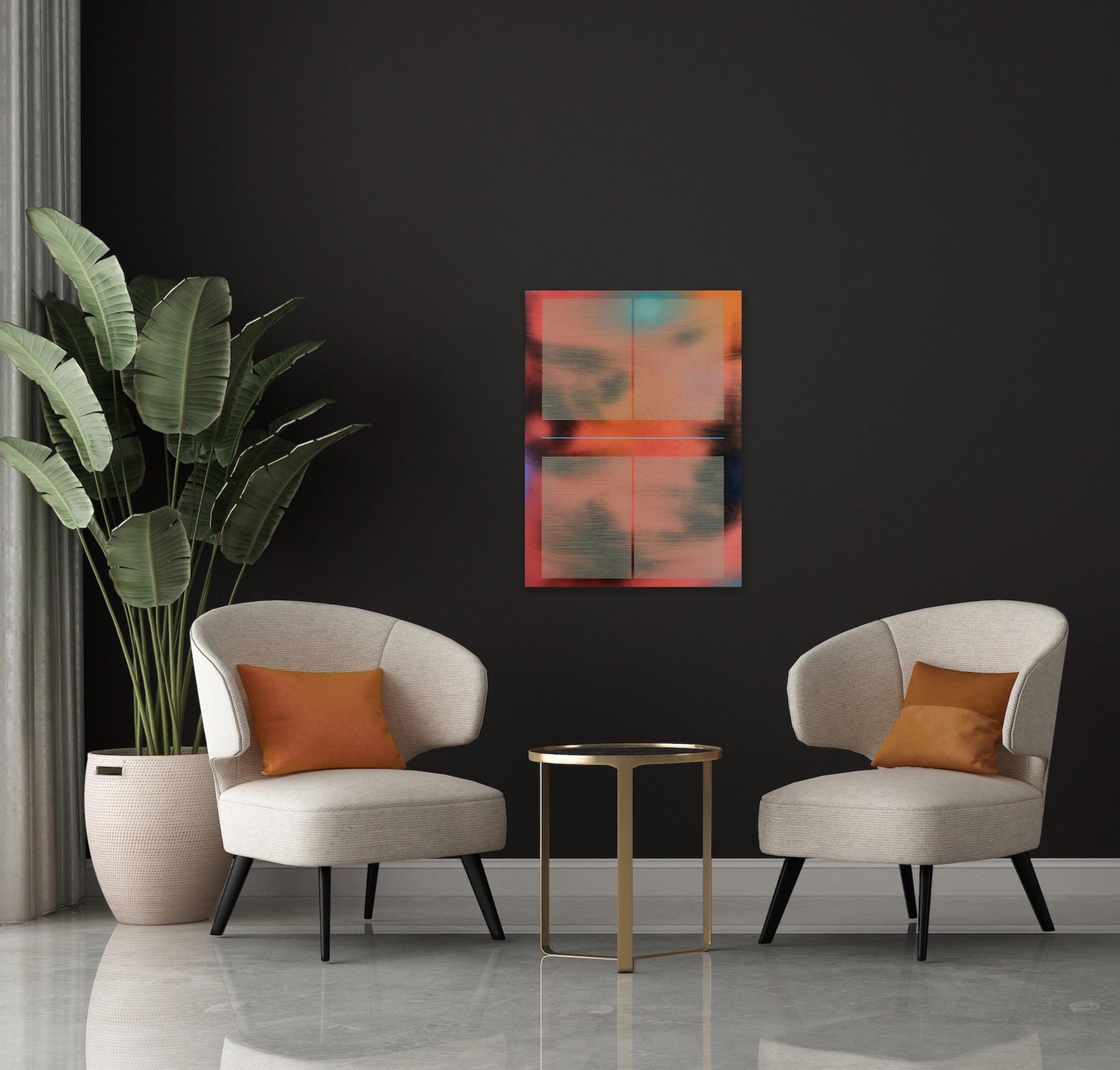 CSW 2024.2  (coral orangefarbenes, leuchtendes Raster-Gemälde auf Holz mit optischen feinen Linien) – Painting von Melisa Taylor Metzger