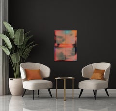 CSW 2024.2 (coral orangefarbenes, leuchtendes Raster-Gemälde auf Holz mit optischen feinen Linien)