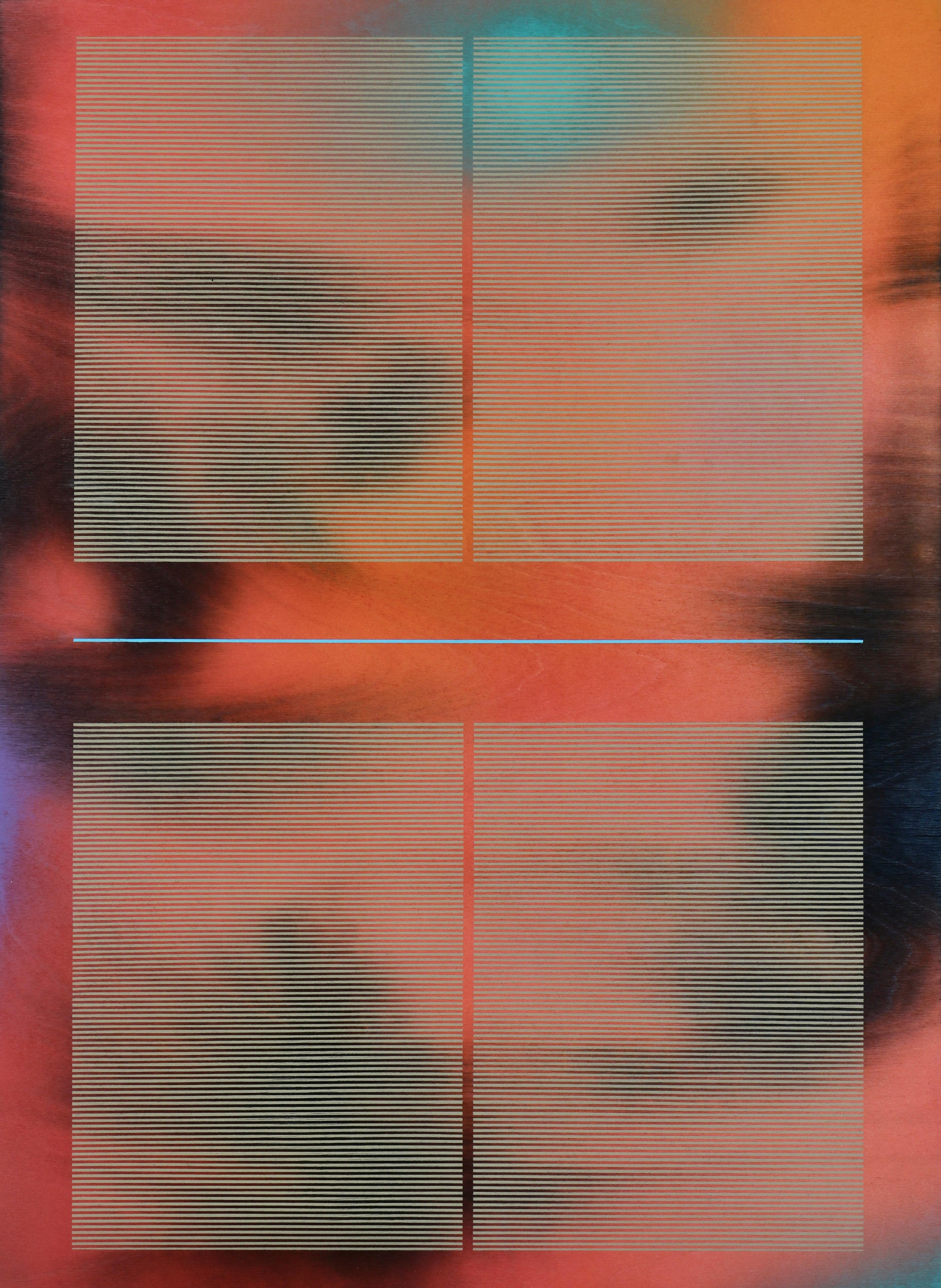 Melisa Taylor Metzger Abstract Painting - CSW 2024.2  (coral orange vibrant grid painting on wood optical fine lines)