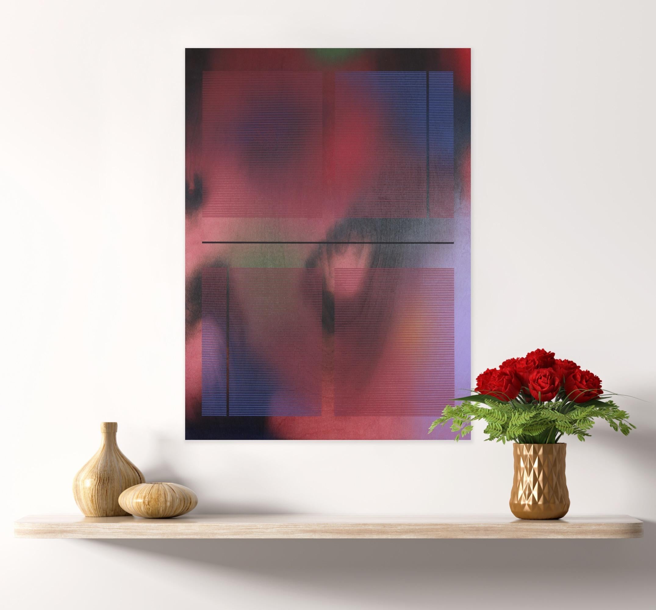 CSW 2024.3  (Crimson red veiled echoes color-field grid painting on wood) For Sale 1