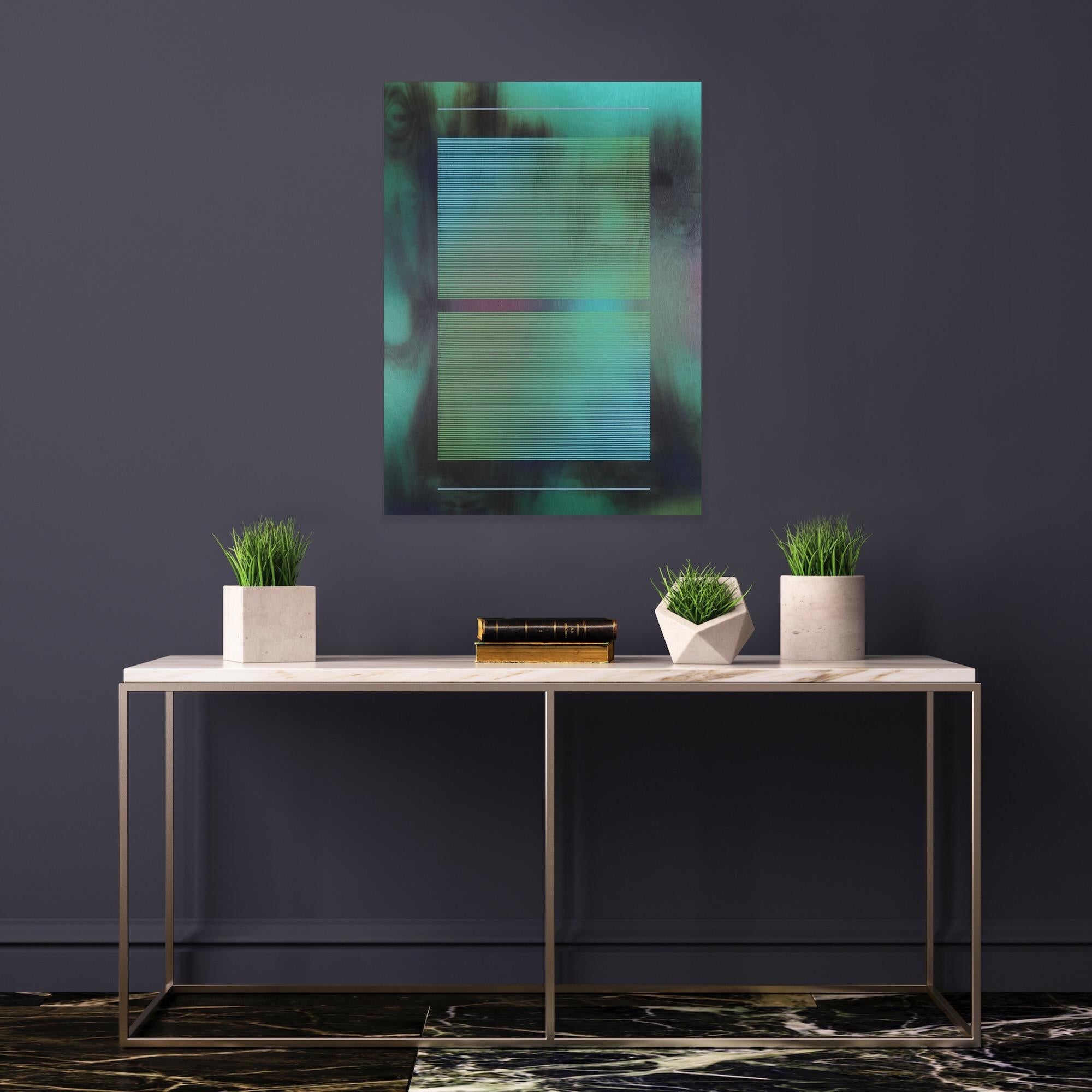 CSW 2024.4  ( Peinture aquatique d'une grille vert artichaut, turquoise et émeraude représentant un mur) en vente 12