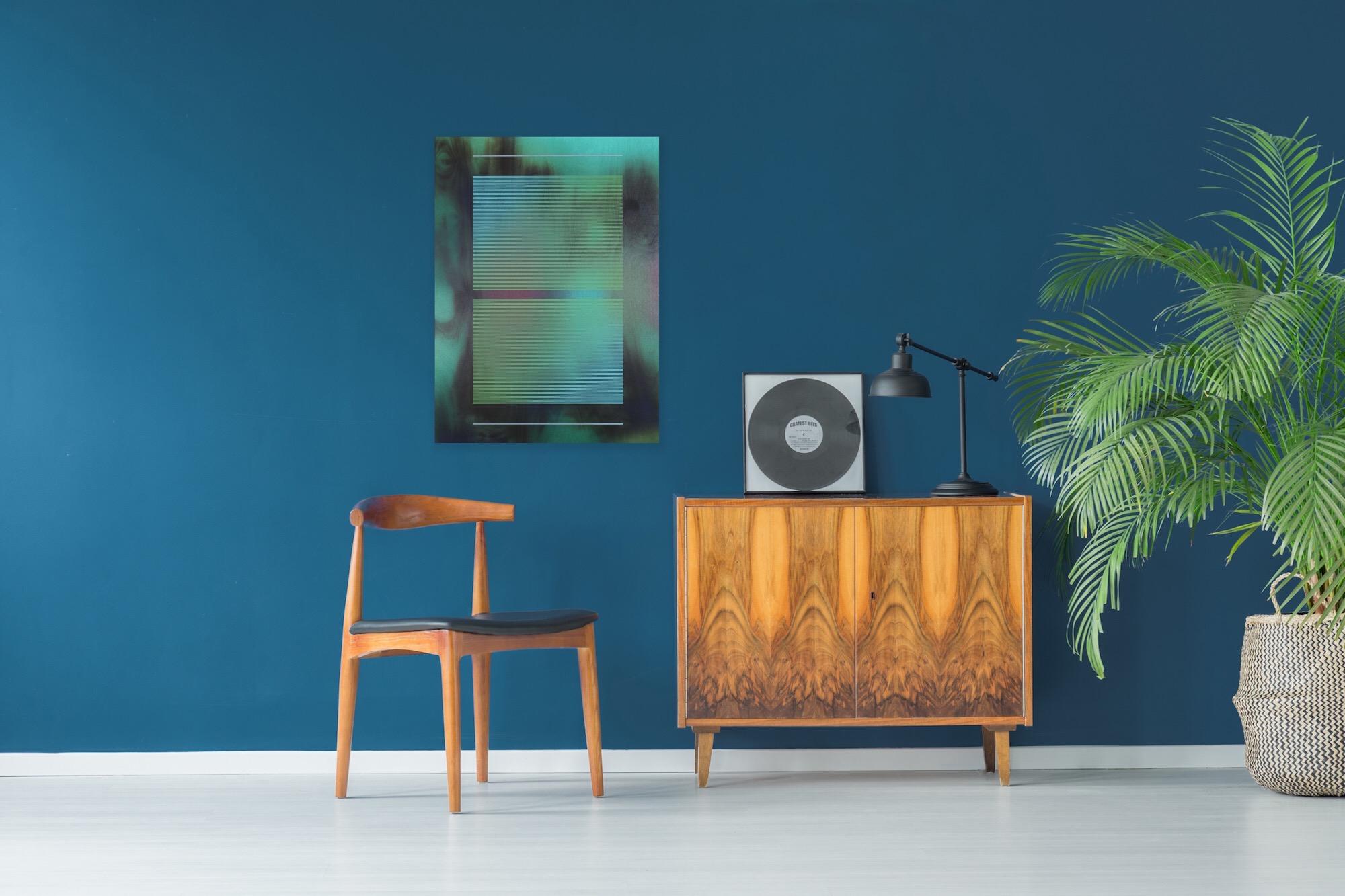 CSW 2024.4  ( Peinture aquatique d'une grille vert artichaut, turquoise et émeraude représentant un mur) - Op Art Mixed Media Art par Melisa Taylor Metzger