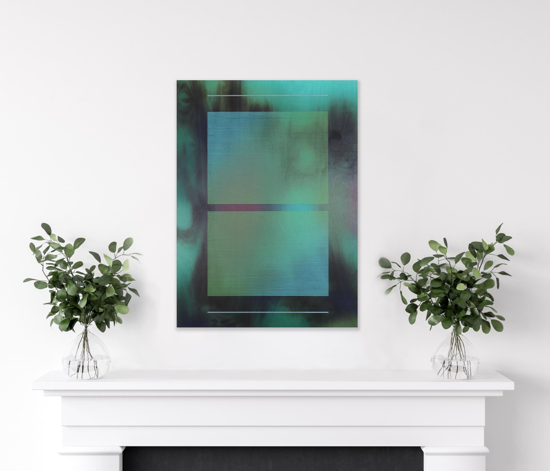 CSW 2024.4  ( Peinture aquatique d'une grille vert artichaut, turquoise et émeraude représentant un mur) en vente 4