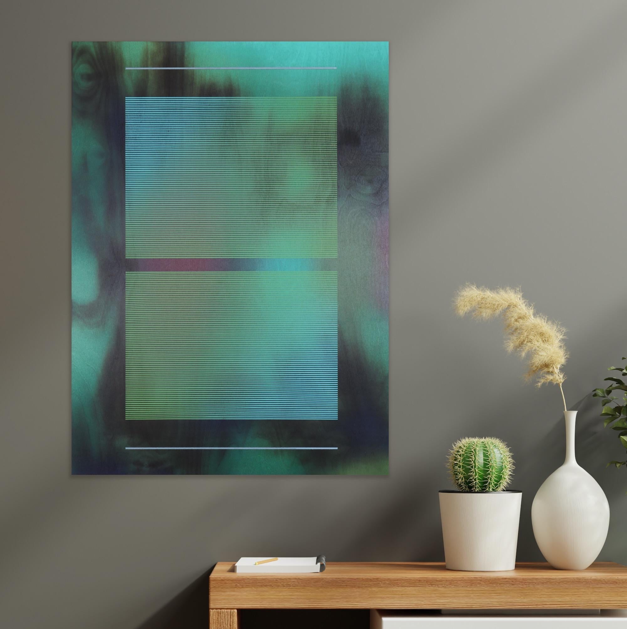 CSW 2024.4  ( Peinture aquatique d'une grille vert artichaut, turquoise et émeraude représentant un mur) en vente 5