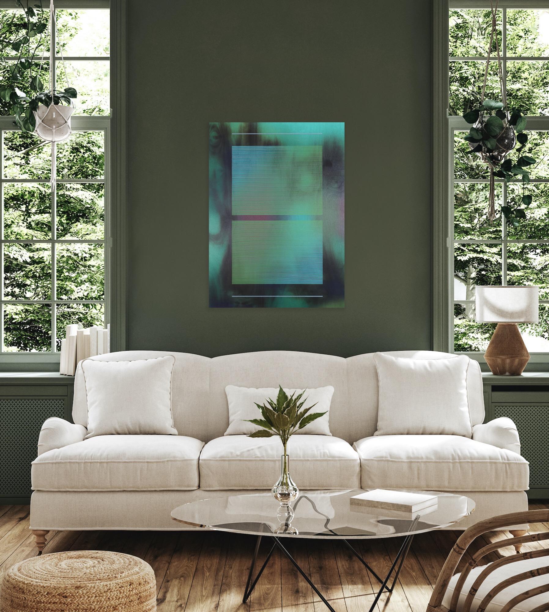 CSW 2024.4  ( Peinture aquatique d'une grille vert artichaut, turquoise et émeraude représentant un mur) en vente 6