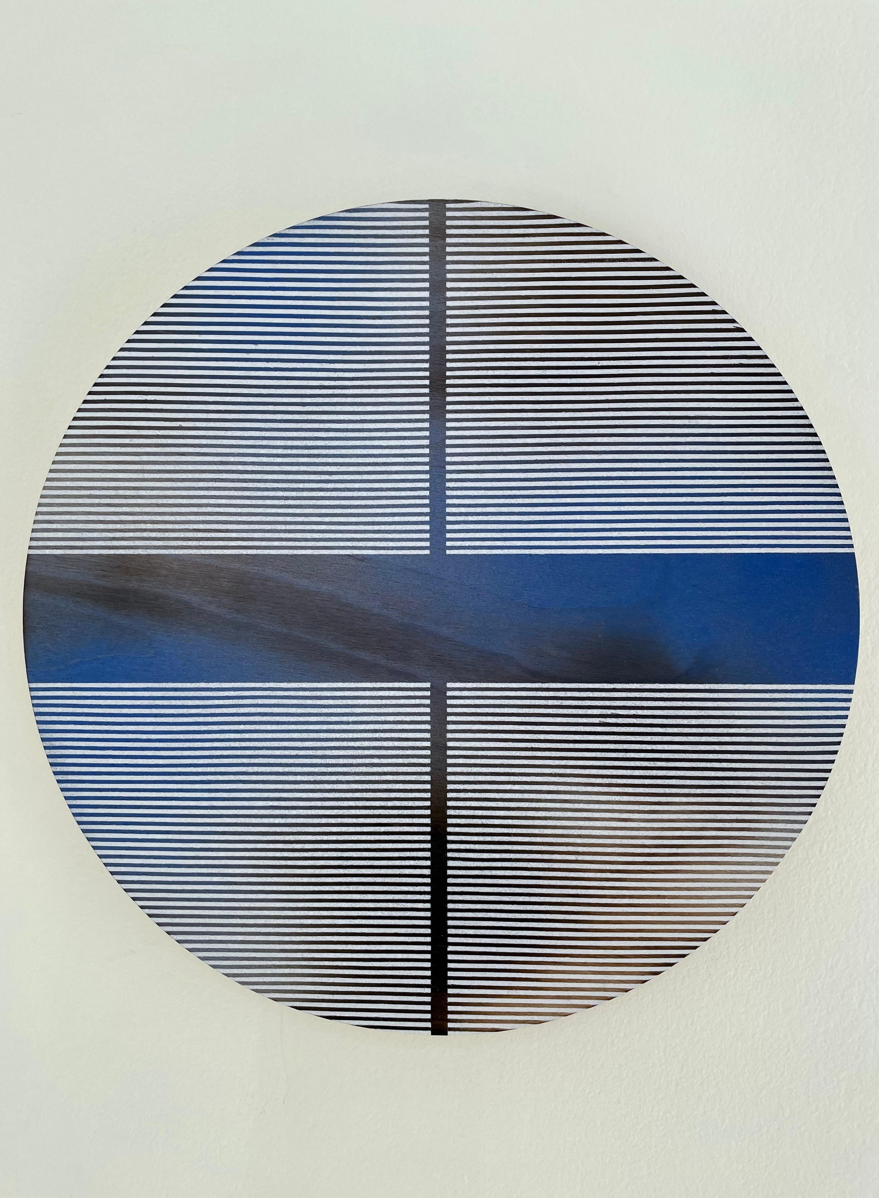 Melisa Taylor Metzger Abstract Painting - Deep ocean blue pill (minimaliste grid round painting on wood dopamine art)