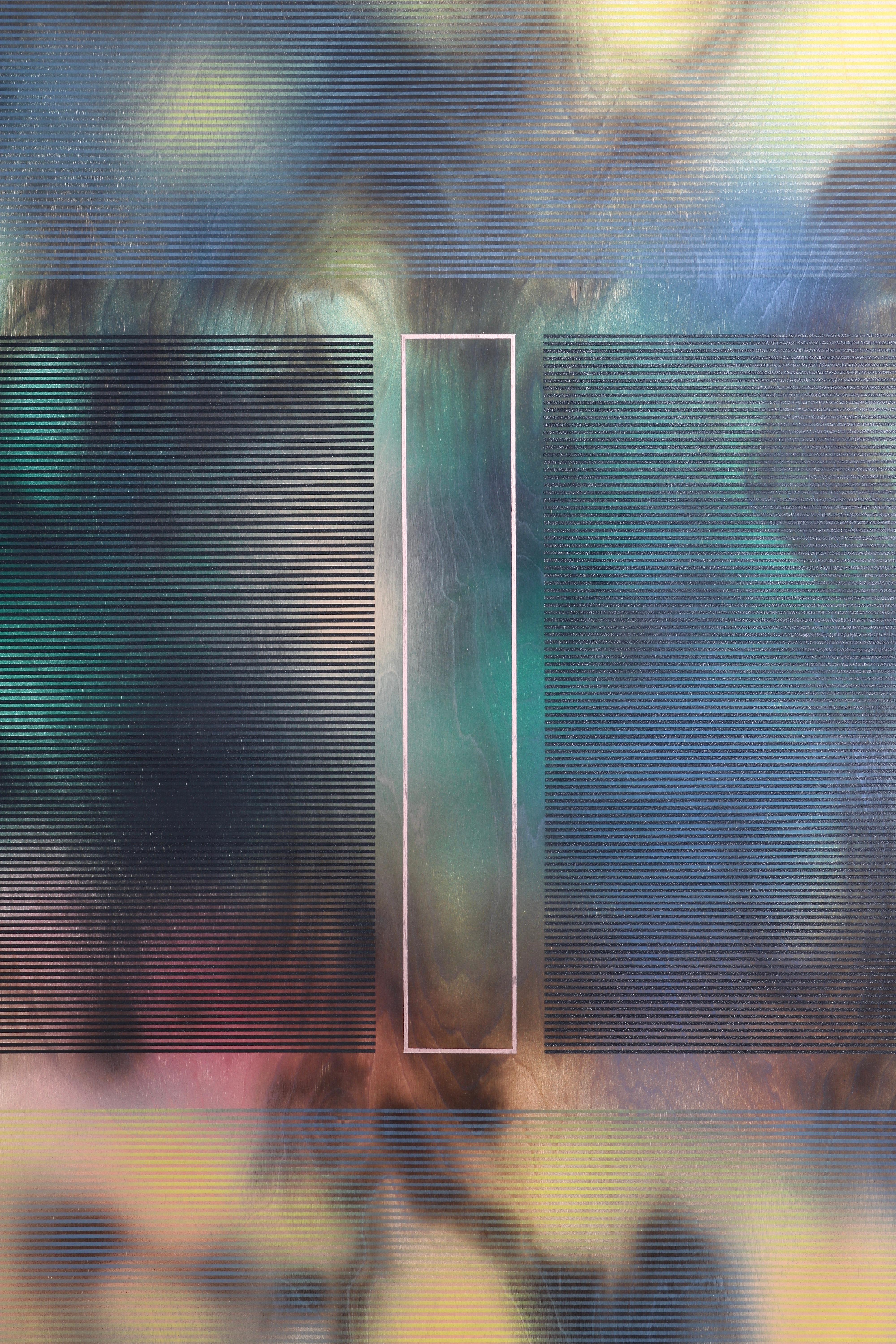 d'Ombr 3 (peinture à grille géométrique abstraite, motifs gris optique, jaune, vert) - Gris Abstract Painting par Melisa Taylor Metzger