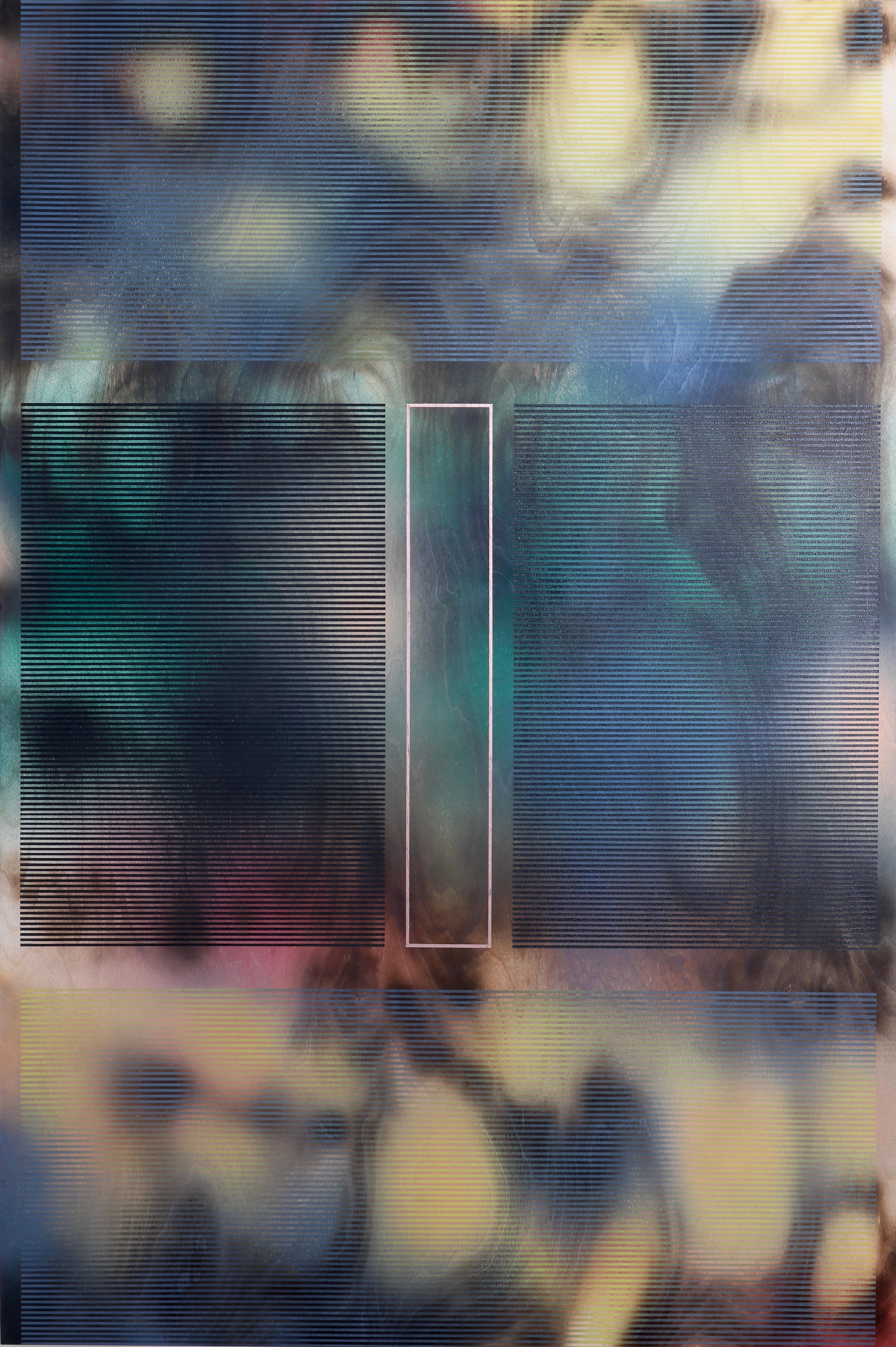 Abstract Painting Melisa Taylor Metzger - d'Ombr 3 (peinture à grille géométrique abstraite, motifs gris optique, jaune, vert)