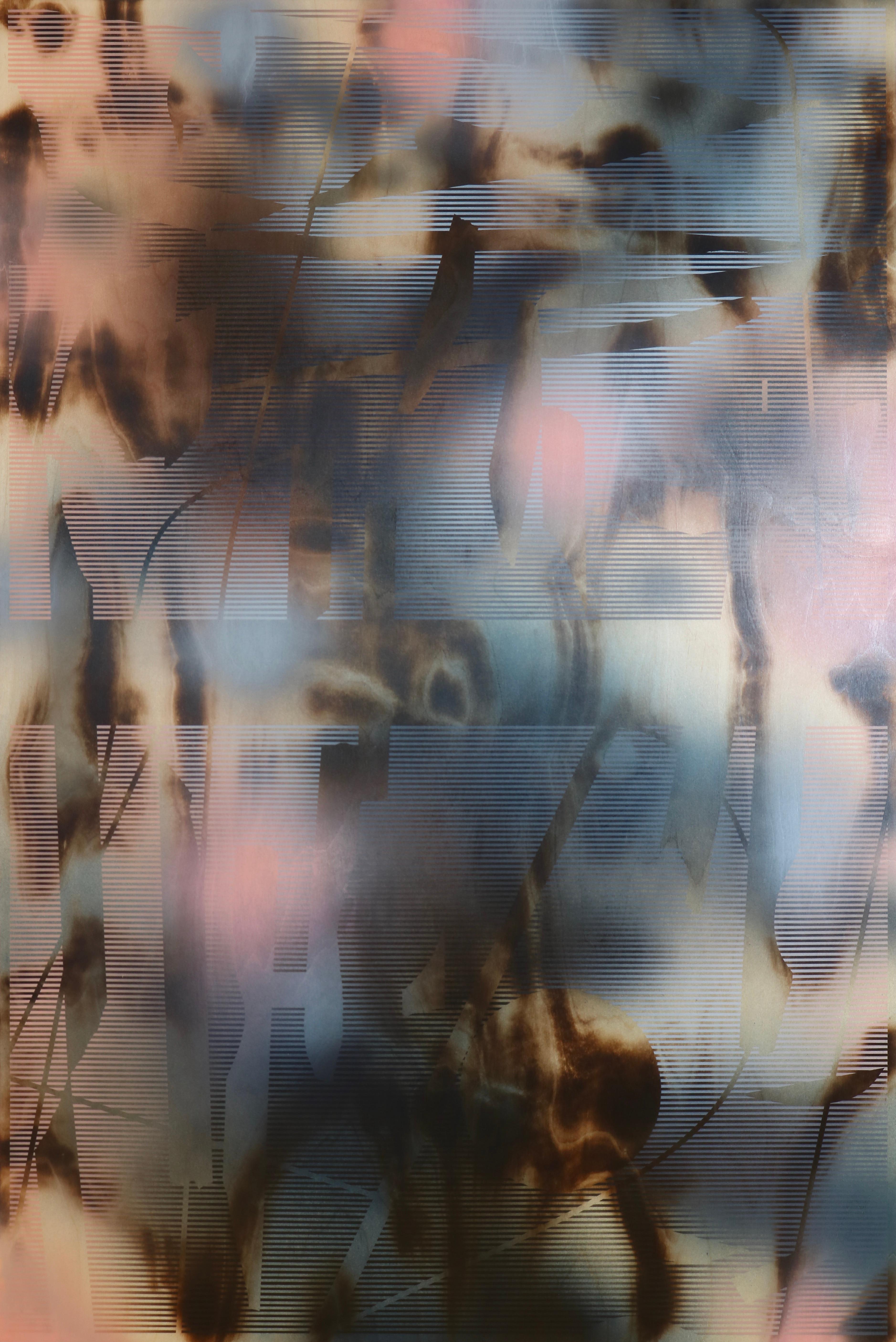 d'Ombr 5 (peinture à grille géométrique abstraite, motifs indigo en chair brune optique) - Contemporain Mixed Media Art par Melisa Taylor Metzger