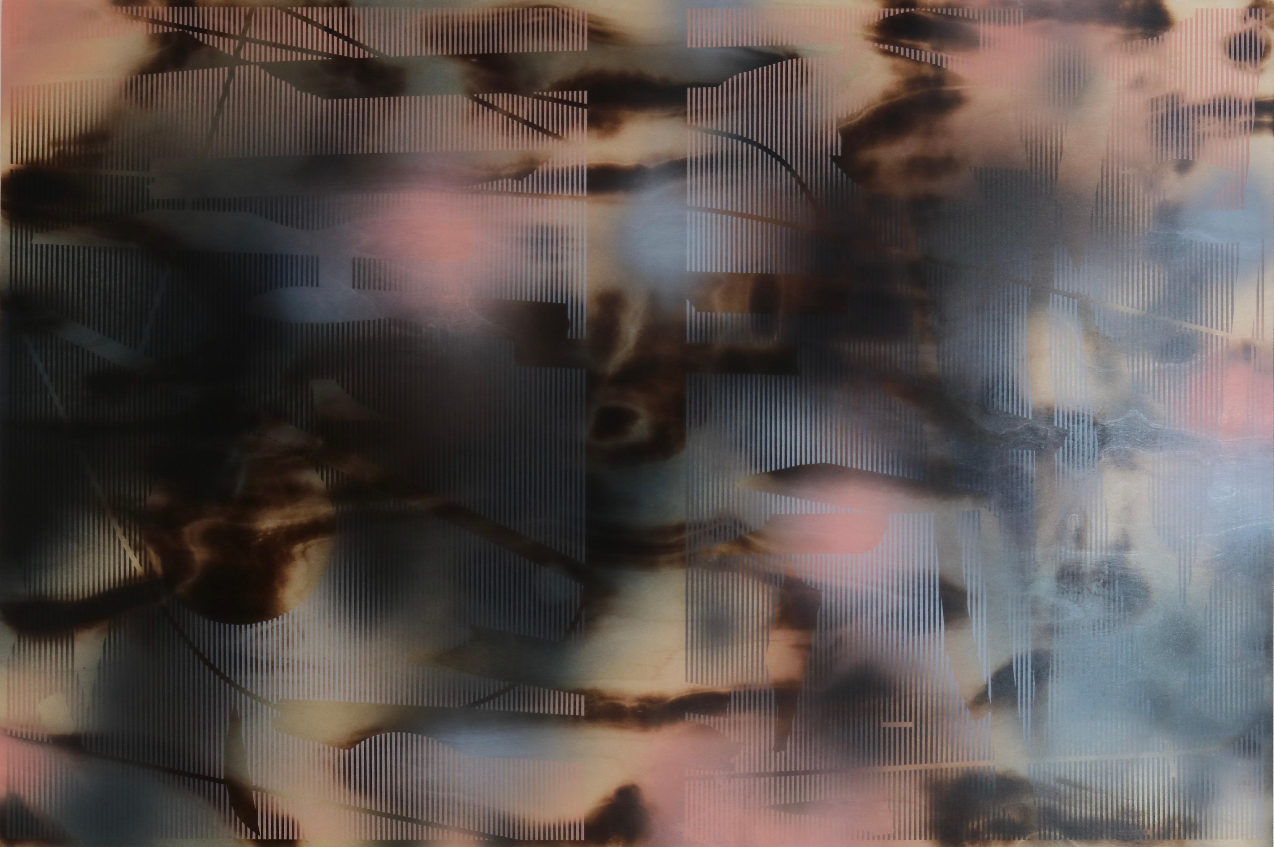 d'Ombr 5 (peinture à grille géométrique abstraite, motifs indigo en chair brune optique) en vente 4
