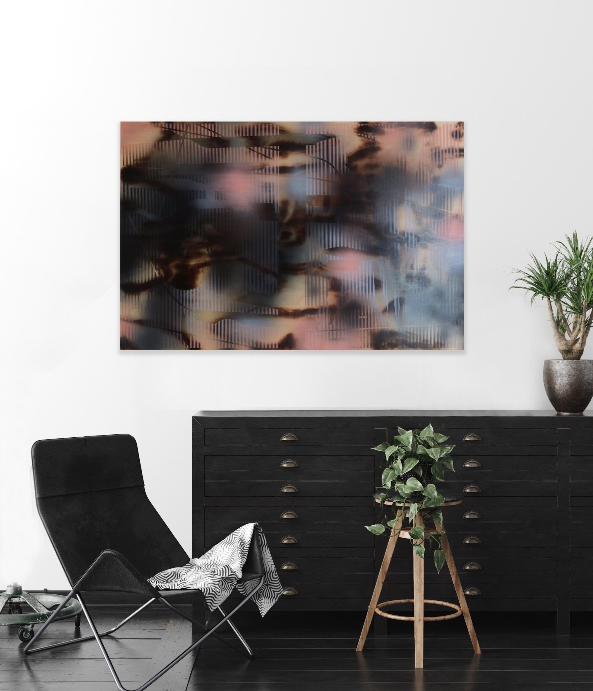 d'Ombr 5 (peinture à grille géométrique abstraite, motifs indigo en chair brune optique) en vente 4
