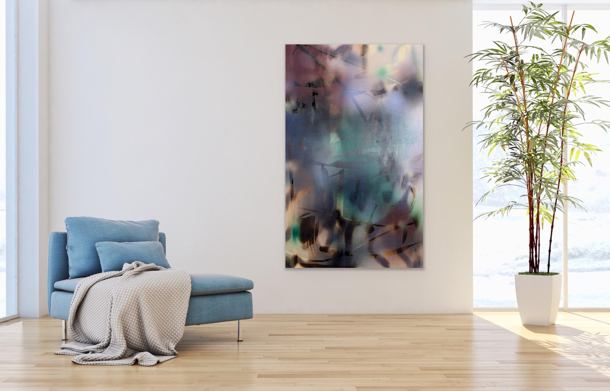 d'Ombr 6 (peinture à grille rouge géométrique abstraite rayée et gestuelle bleu hard-edge) - Painting de Melisa Taylor Metzger