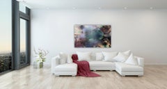 d'Ombr 6 (rotes Gittergemälde mit abstrakter Geometrie und gestischem, kantigen Blau)