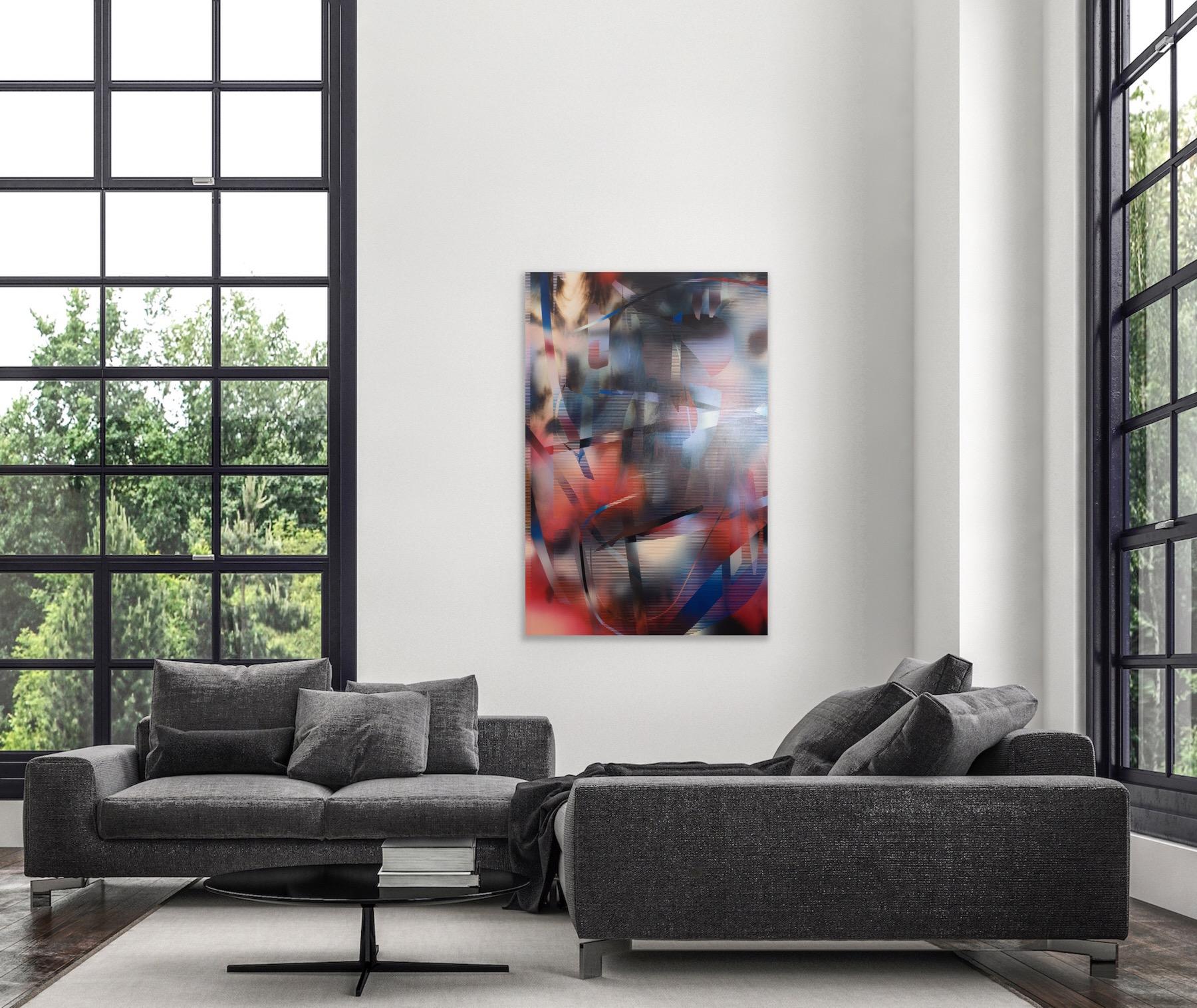 d'Ombr 7 (peinture à grille rouge géométrique abstraite rayée et gestuelle bleue dure) en vente 2