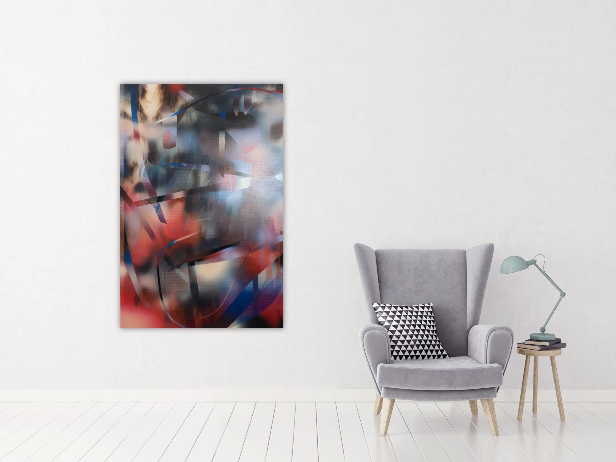 d'Ombr 7 (peinture à grille rouge géométrique abstraite rayée et gestuelle bleue dure) en vente 4
