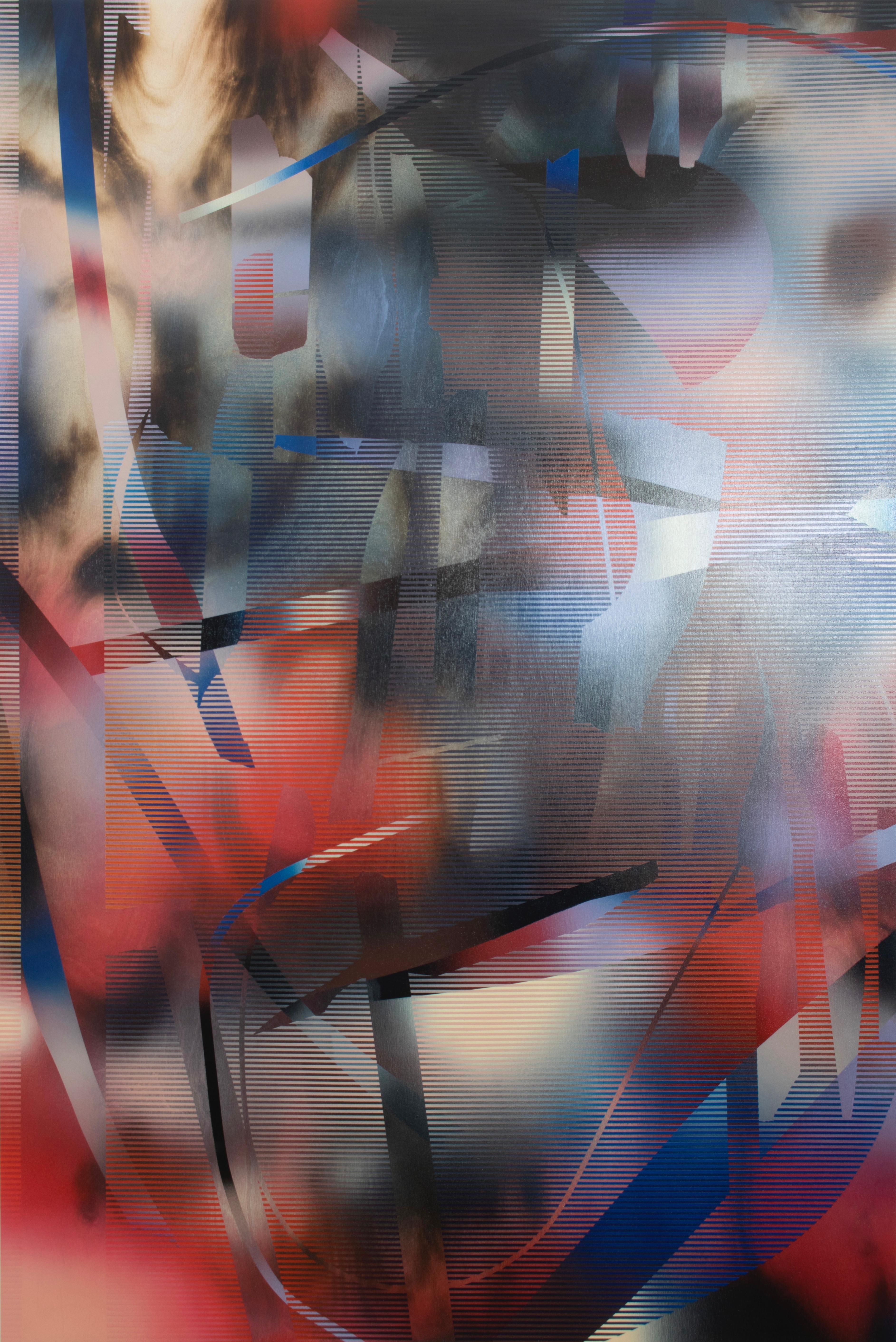 d'Ombr 7 (peinture à grille rouge géométrique abstraite rayée et gestuelle bleue dure) - Mixed Media Art de Melisa Taylor Metzger