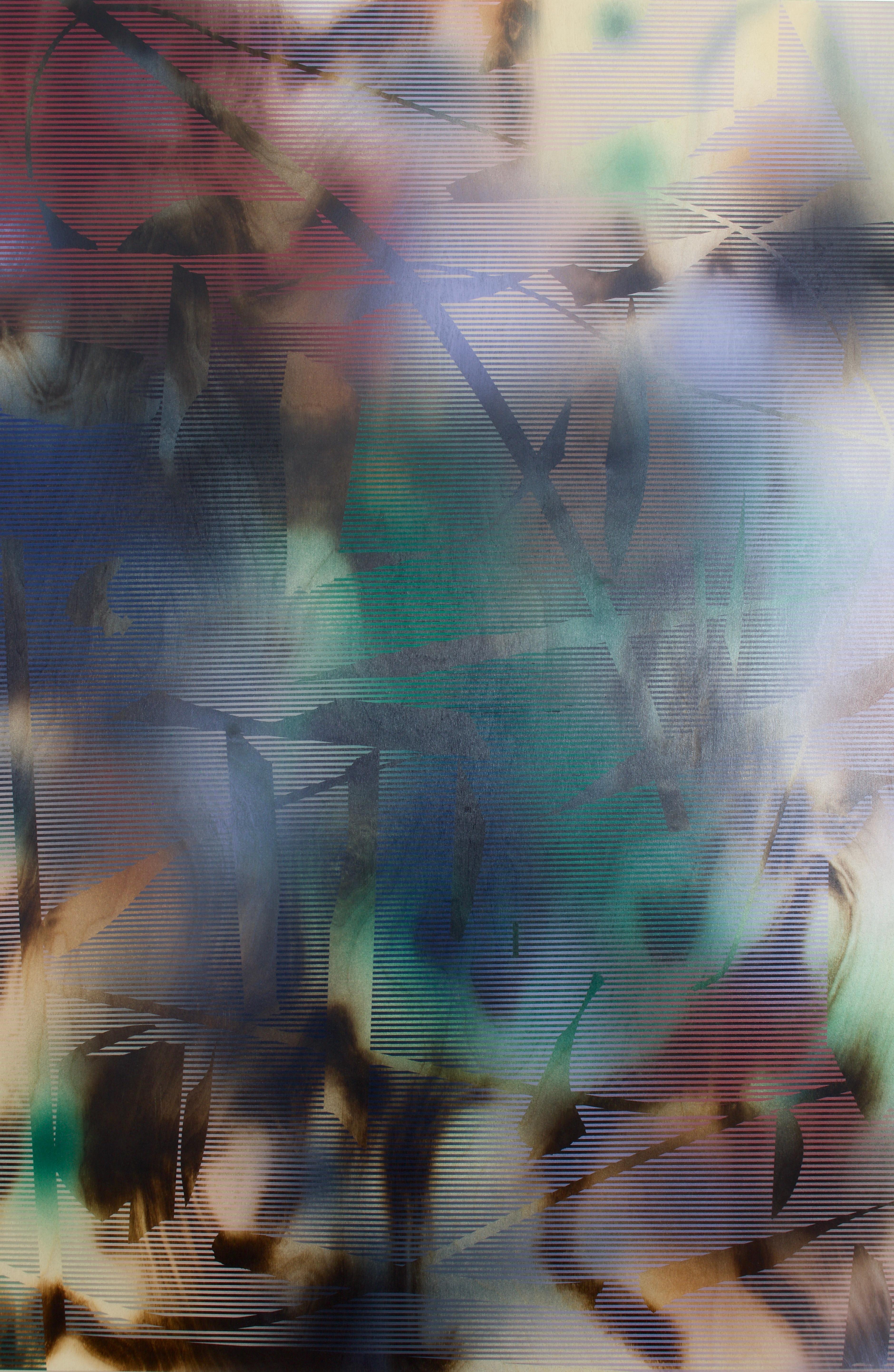 Abstract Painting Melisa Taylor Metzger - d'Ombr 6 (peinture à grille rouge géométrique abstraite rayée et gestuelle bleu hard-edge)